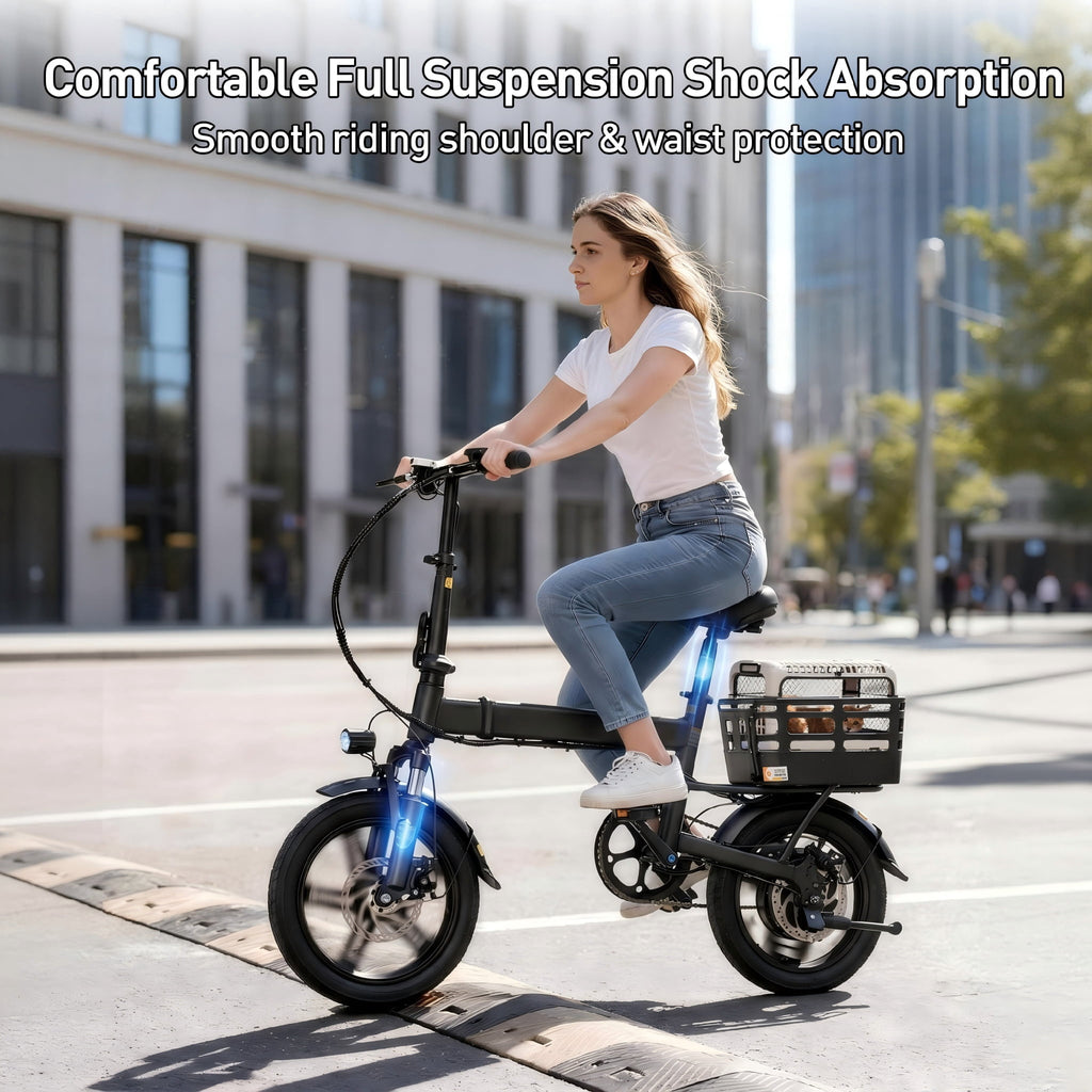 XKJ Electric Bike for Adults, Ebike, Electric Bicycle with 48V 12AH Battery,14 Folding Ebike for Teens, 21MPH,20+ Miles(MAX),500W Motor,Multi-Shock Absorption,Mini E Bikes with Baskets,UL2849 Electric Bikes