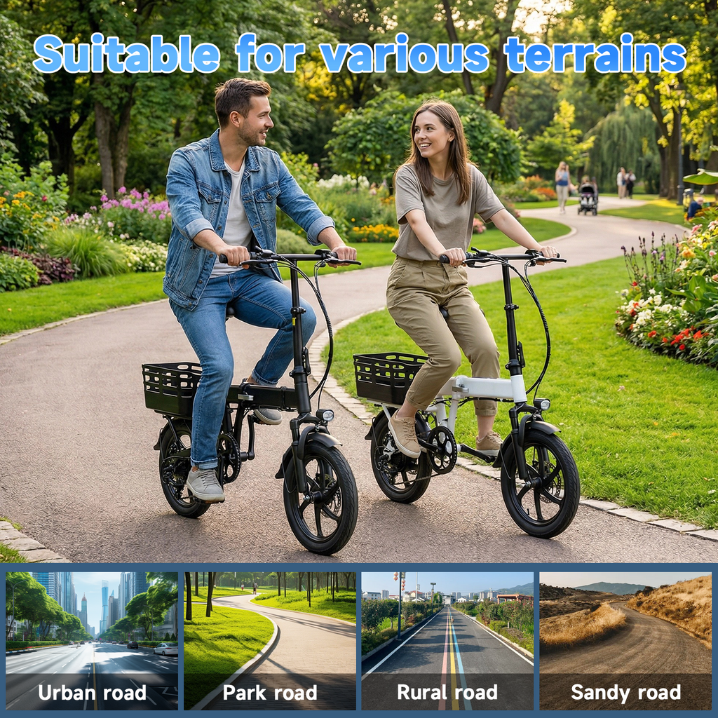 OwnGold 14IN Folding Electric Bicycles for Adults Teens with Basket,500W Peak Motor Up to 20 mph Range 30 Miles,36V 12Ah Removable Battery,Commuter/Shopping Mini Ebike,UL 2849 Electric Bikes