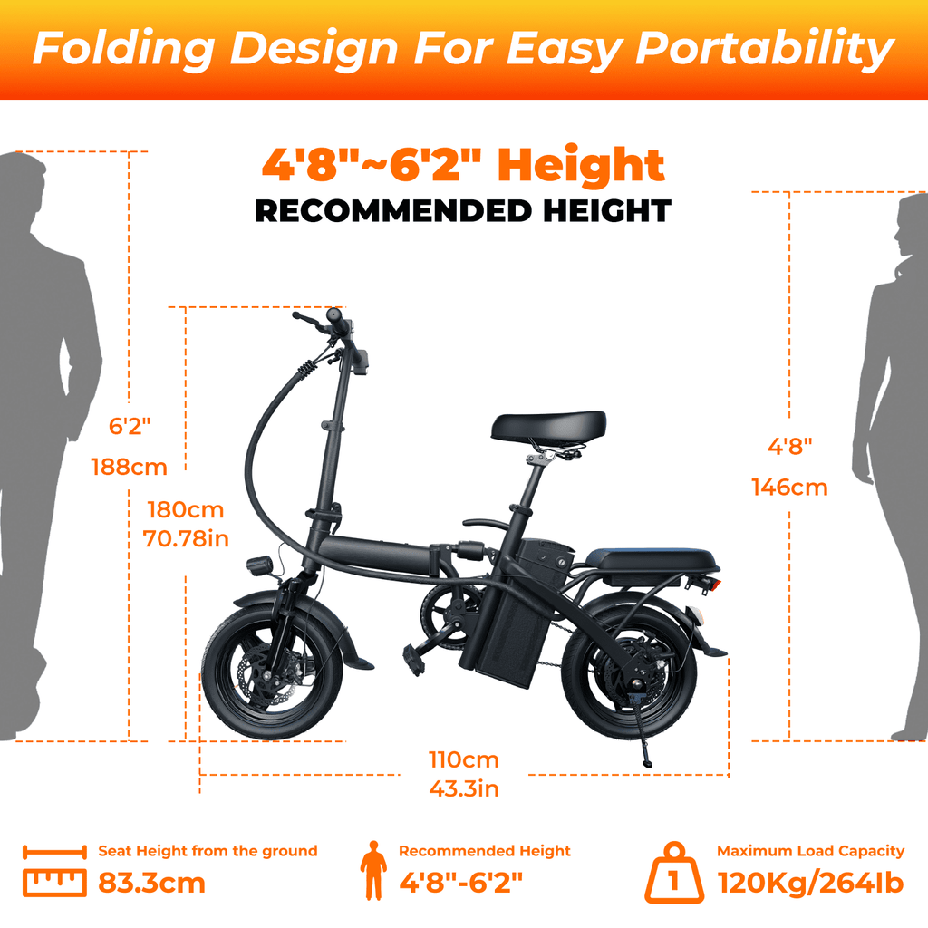 Kunyun T5 48V 750W Adult Electric Bikes,14 Tires, 20mph, 19-22mi Range, Dual Disc Brakes, Adjustable Seat, Removable Basket, Folding Design. Electric Bikes