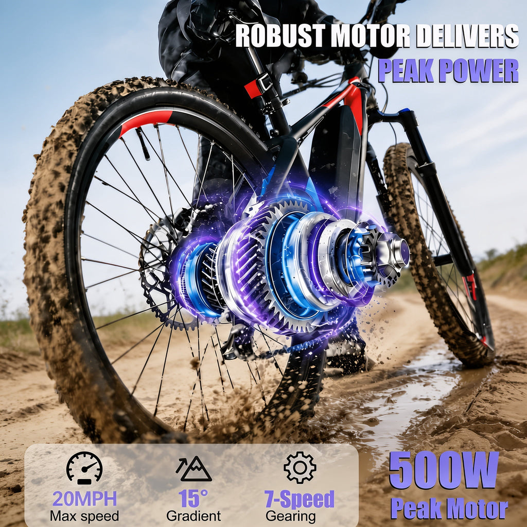 26 Electric Bike for Adults, 500W Peak Motor, 36V 12Ah Removable Waterproof Battery, 20 MPH, 30 Miles Range, 7-Speed Suitable for Mountain, Commuting, Shopping, or Trip, UL 2849 Electric Bikes