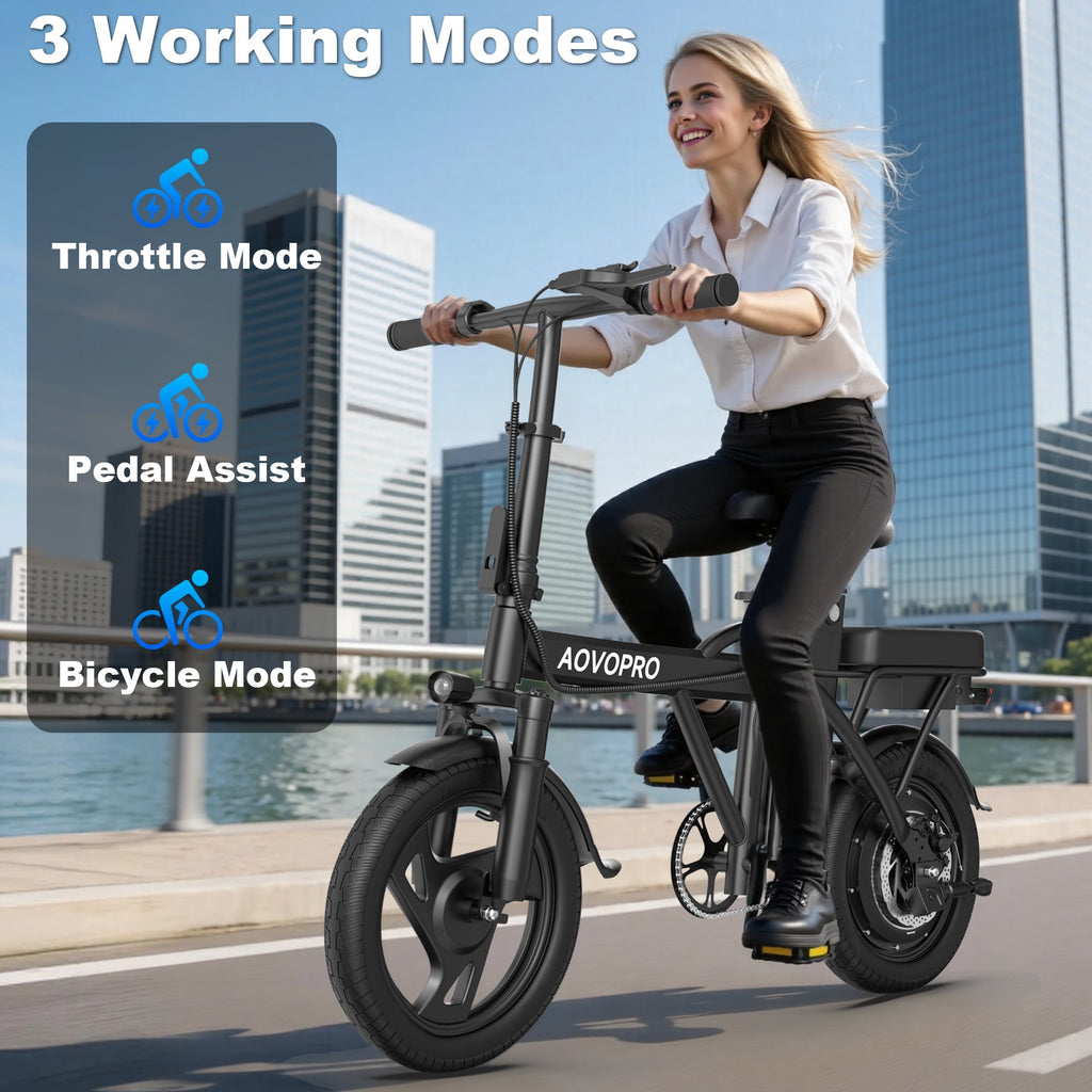 AOVOPRO AHT14 Electric Bike 500W 48V, 14' Mini Ebike for City Commuter, Electric Bicycle for Adult with Two Seats UL2849 Electric Bikes