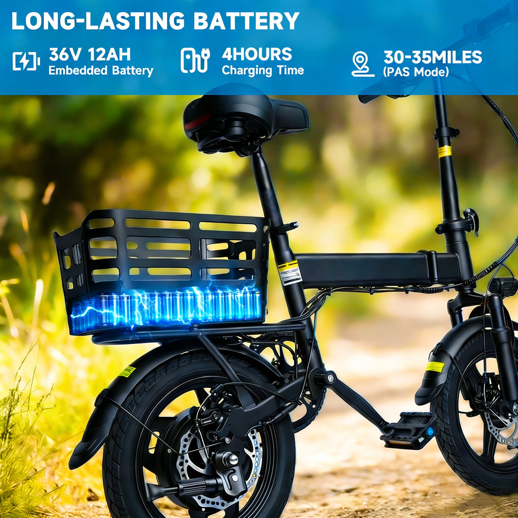 OwnGold 14IN Folding Electric Bicycles for Adults Teens with Basket,500W Peak Motor Up to 20 mph Range 30 Miles,36V 12Ah Removable Battery,Commuter/Shopping Mini Ebike,UL 2849 Electric Bikes