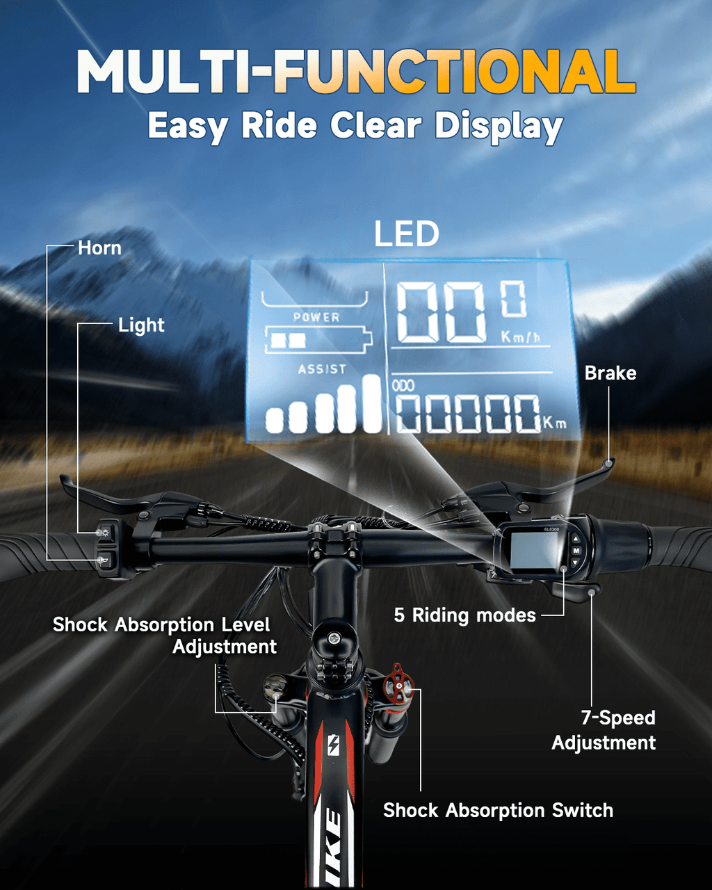 XKJ Electric Bike for Adults, 26”Electric Mountain Bike 576Wh Internal Battery & LCD Display,750W (Peak) Motor,7-Speed, Lightweight Ebike for Teens,40 Miles, Full Suspension,UL2849 Electric Bikes