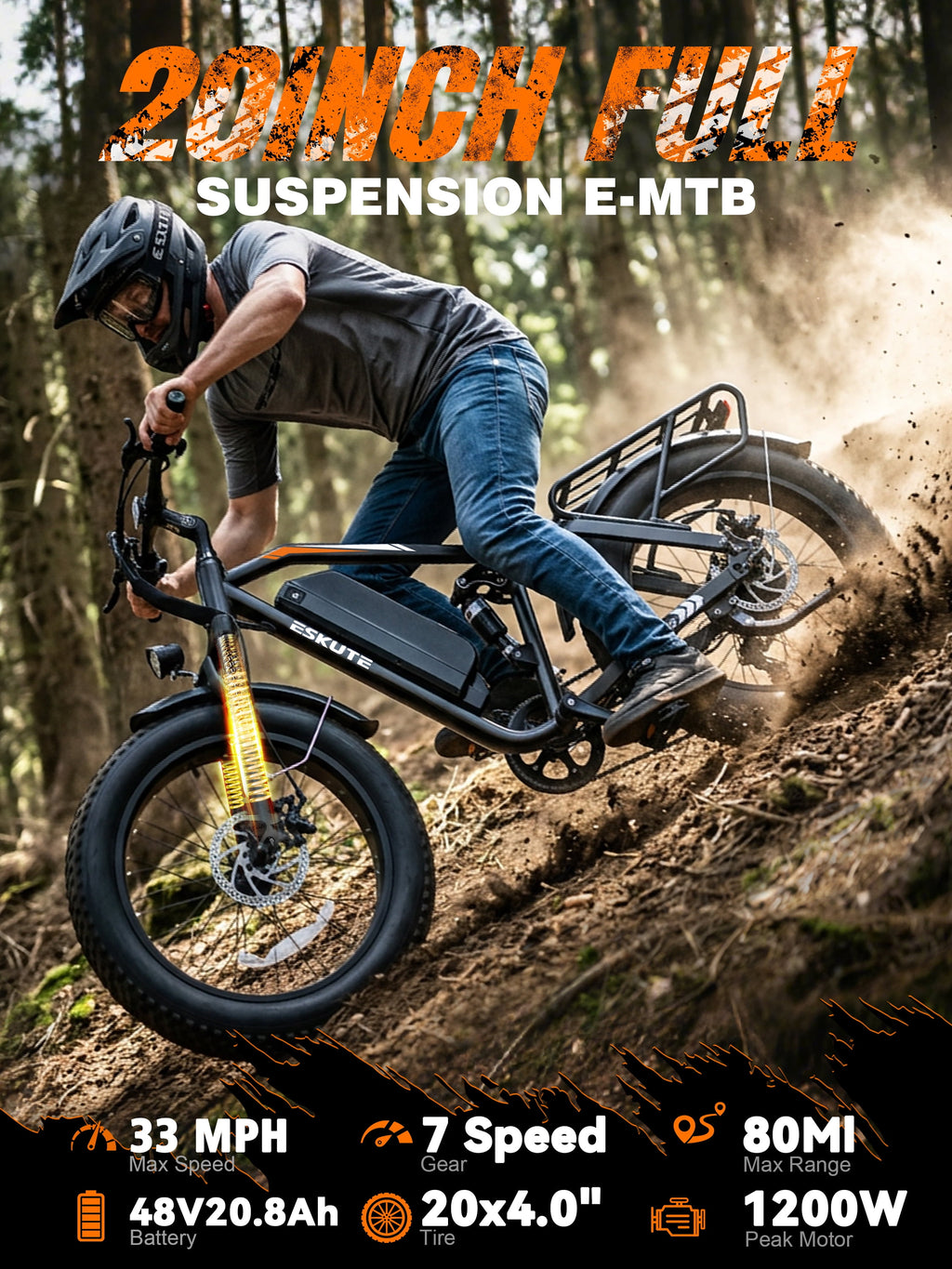 ESKUTE M300 Electric Bike for Adults, Full Suspension Fat Tire Mountain Ebike, 52V 20.8Ah Removable Battery, 1200W Motor, Up to 33MPH, 80 Miles Electric Bicycle Black, UL2849 Electric Bikes