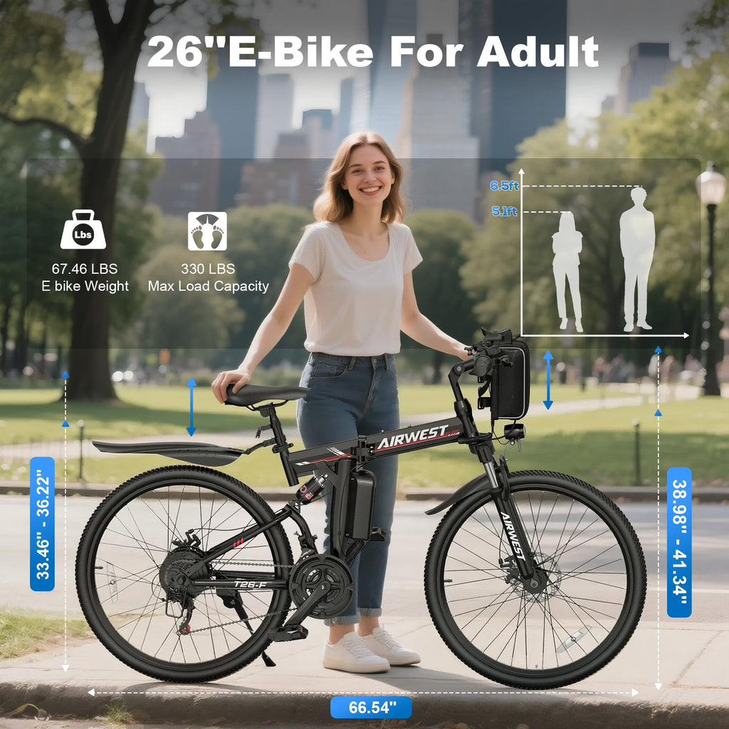 AIRWEST E-bicycle for Adults, Peak 750W Motor Electric Bicycle, 48V 7.8Ah Lithium Battery, 26'' Commuter Women E bike, 7-Speed City Cruiser Bicycle, 40 Miles Range (UL2849) Electric Bikes