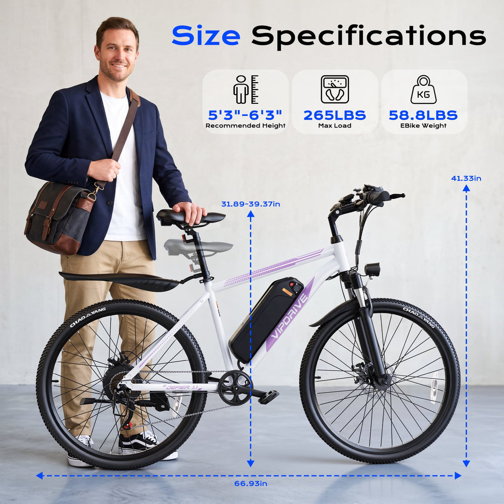 VIPDRIVE Electric Bike for Adults, 26'' 750W Peak Ebike, 48V 7.8AH Removable Battery，Up to 40 Miles 20MPH Electric Mountain Bike，Front Fork Suspension，UL2849 Electric Bikes