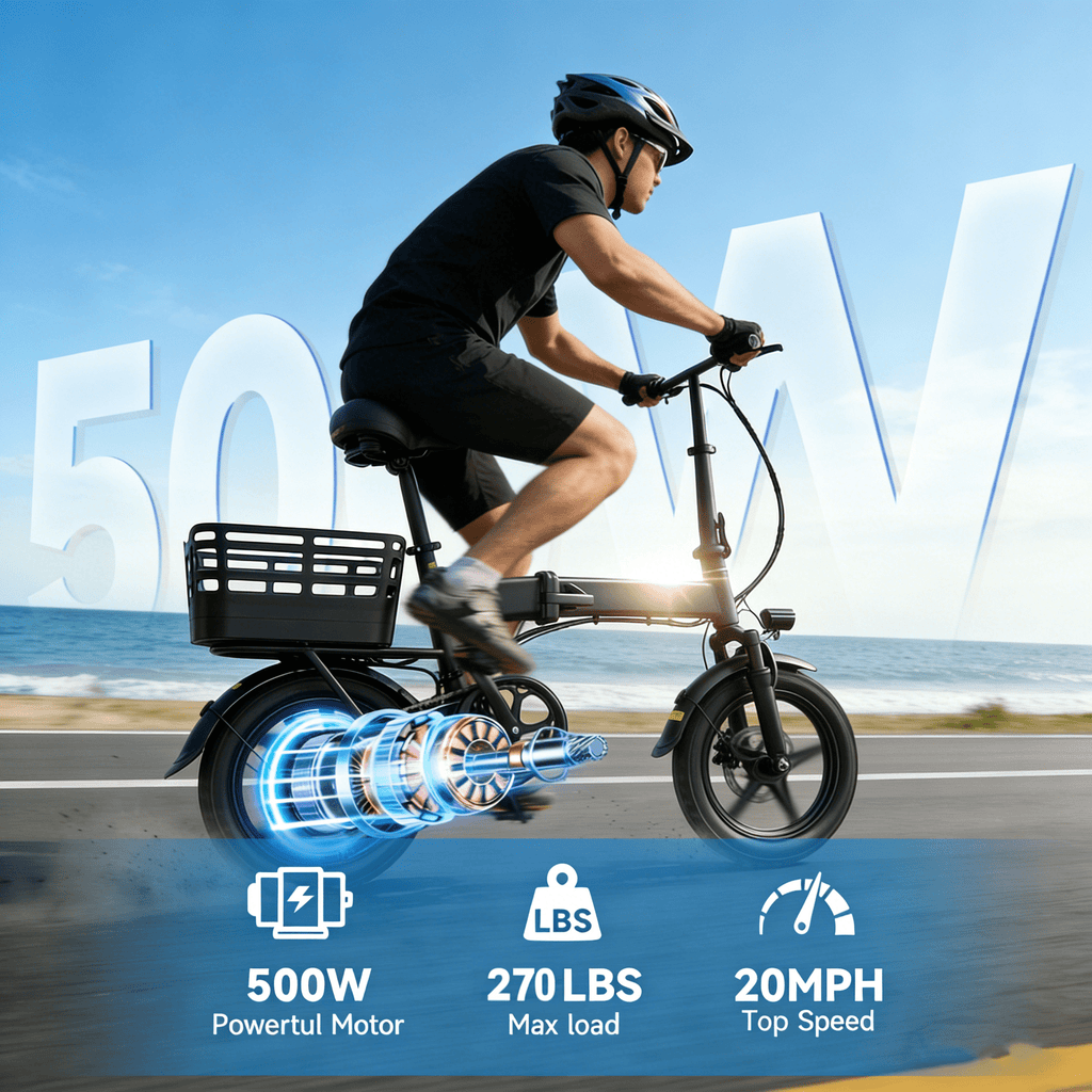 OwnGold 14IN Folding Electric Bicycles for Adults Teens with Basket,500W Peak Motor Up to 20 mph Range 30 Miles,36V 12Ah Removable Battery,Commuter/Shopping Mini Ebike,UL 2849 Electric Bikes