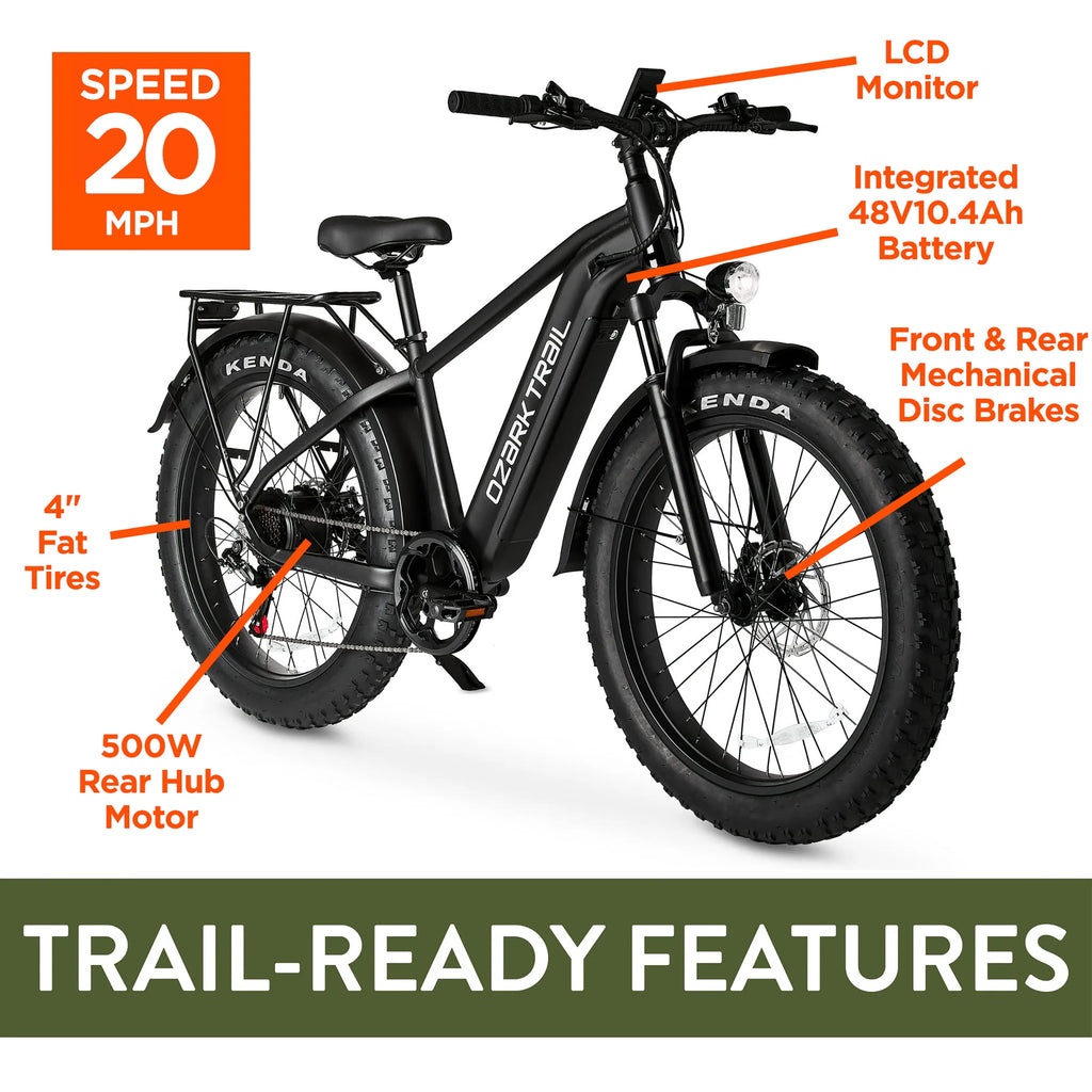 Ozark Trail 26 M.3 Ranger+ Electric Fat Tire Bike, 48V, Class 2, Black, Fits Riders 5'2 - 6'1, Adult, Unisex Electric Bikes
