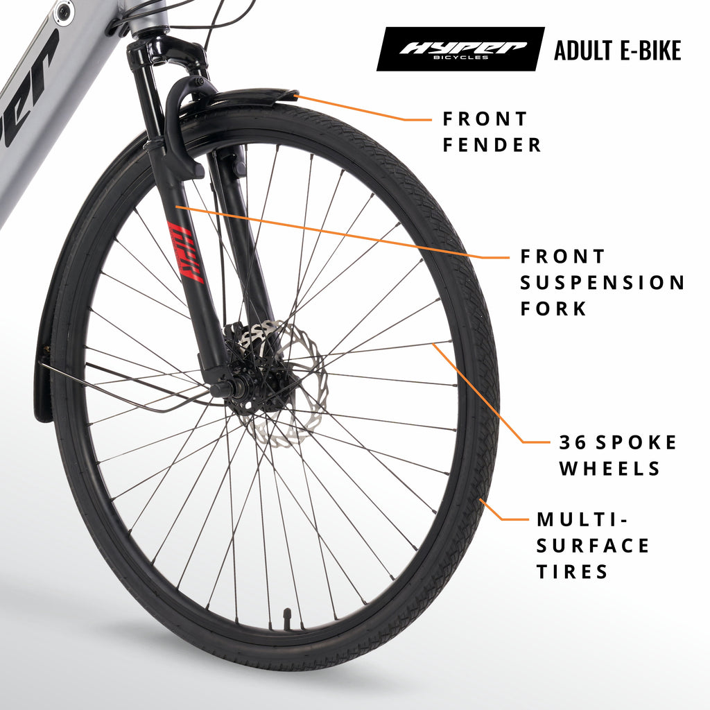 Hyper Bicycles 36V 700C Electric Commuter E-Bike, Adult Ages 13+, 250W Motor, Matte Gray Electric Bikes