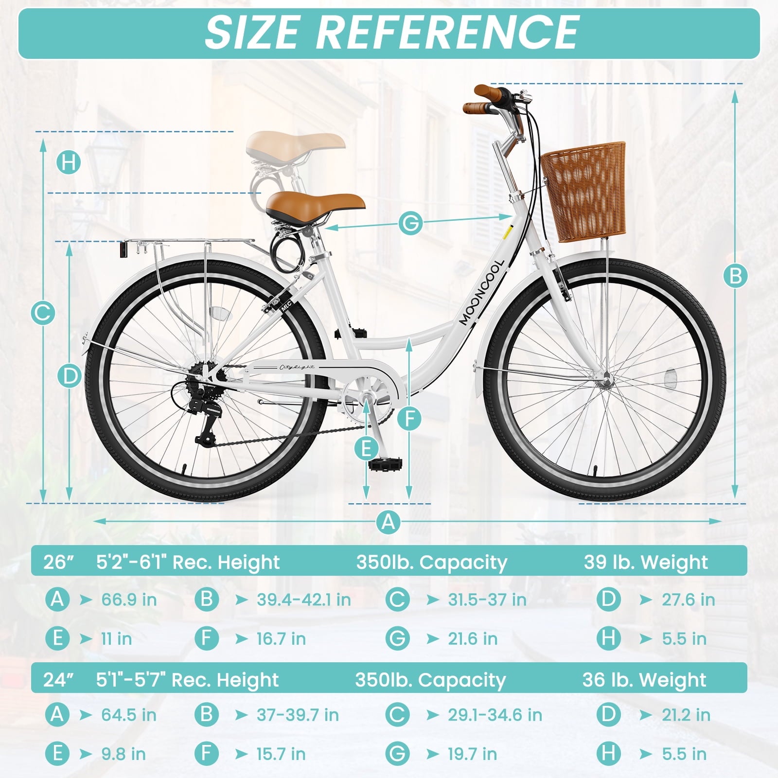 MOONCOOL 24/26 Inch Cruiser Bike for Women, 7 Speed Step-Through Bicycle with Basket, Rear Rack & Lock, Retro City Bike for Adults Electric Bikes