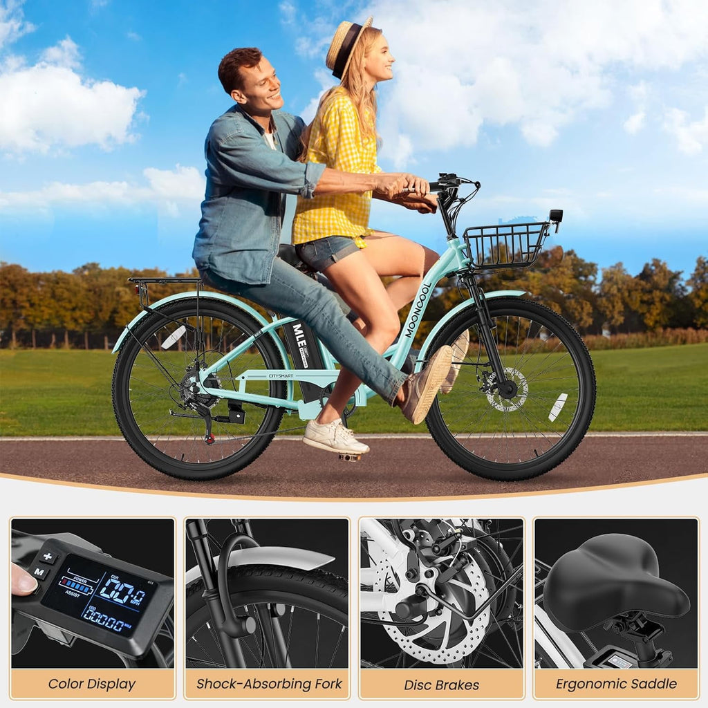MOONCOOL Electric Bicycle for Adults 350W , 7-Speed Ebike with 36V 10.4Ah Removable Battery， 40 Miles Range , 20 mph Electric Commuter Bike for Women Men Electric Bikes