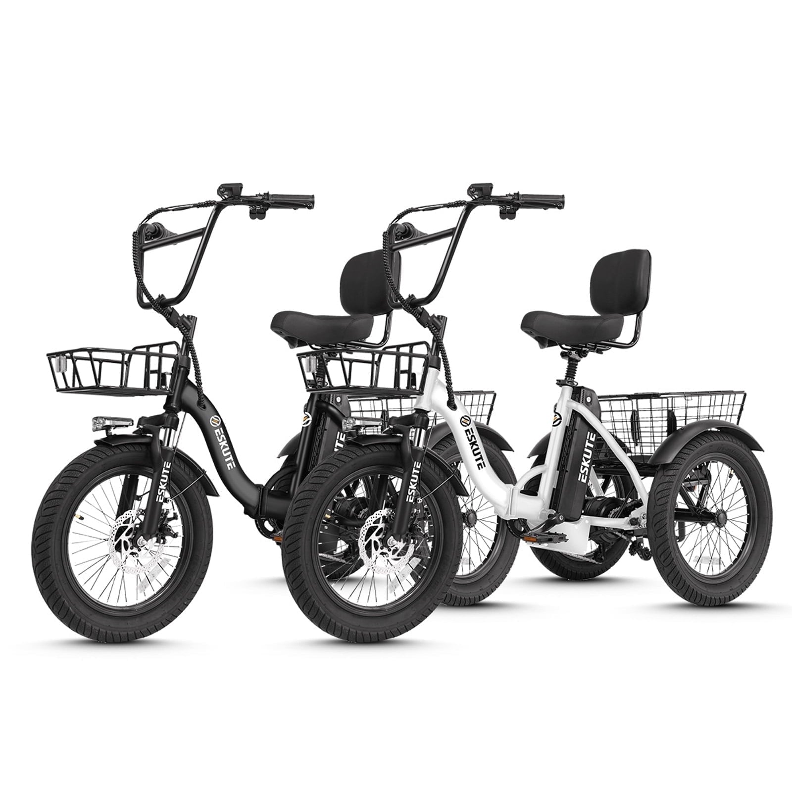 2 Pack Black+White ESKUTE E Trike Electric Bike, Peak 1200W Brushless Motor Folding Trike 18X3.0 Fat Tire Ebike, 499Wh Removable Battery,Step-Thru 3-Wheel E-Bike,48V 13AH 18MPH+Tricycle for Adults Electric Bikes