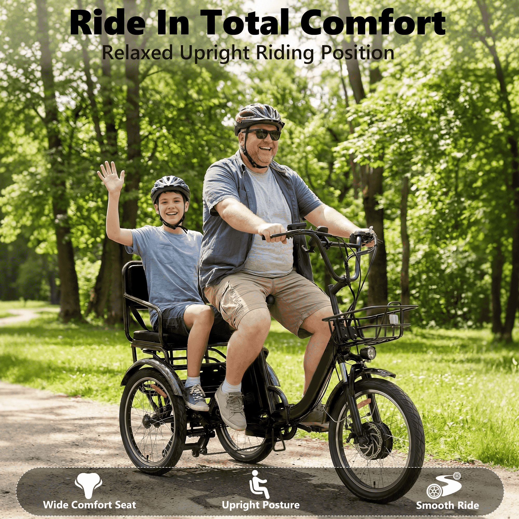 NOMIGO Two-Seat Electric Tricycle for Adults, Foldable 3 Wheel E-Bike for Errands with Rear Seat, Large Baskets and 48V Battery Electric Bikes