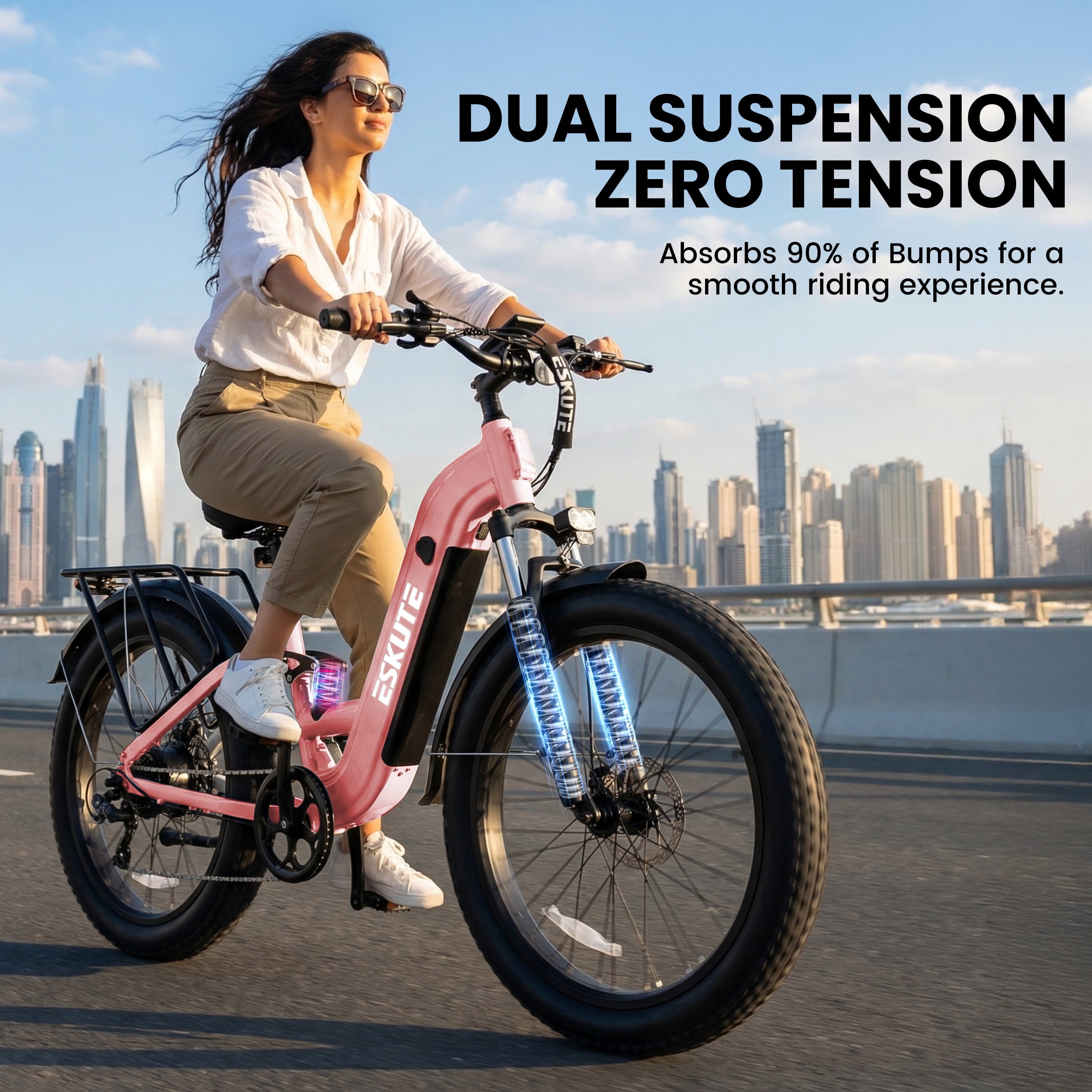 ESKUTE 1500W Electric Bike for Adults – 32 MPH, 80-Mile Range, 48V 20.8Ah Battery, 26x4.0 Fat Tires, Full Suspension, Step-Thru, 8-Speed – Pink Electric Bikes