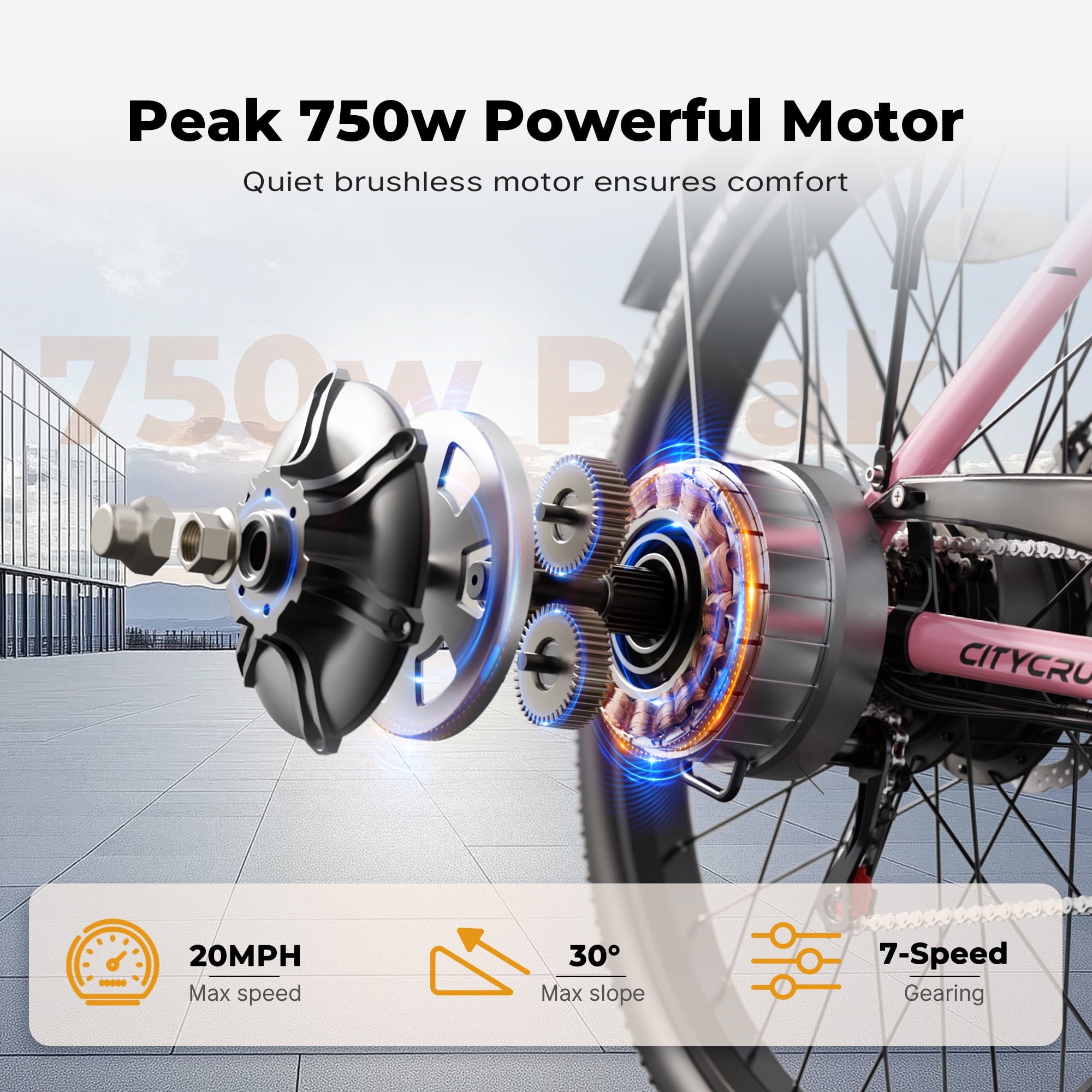 Electric Bike, 26 EBike with 750W Peak Motor, 48V 374.4Wh Removable Battery, 20+MPH, 7-Speed Gears, Includes Bike Pump, Phone Holder & Bike Lock - Electric Bicycle for Adults, UL2849 Electric Bikes