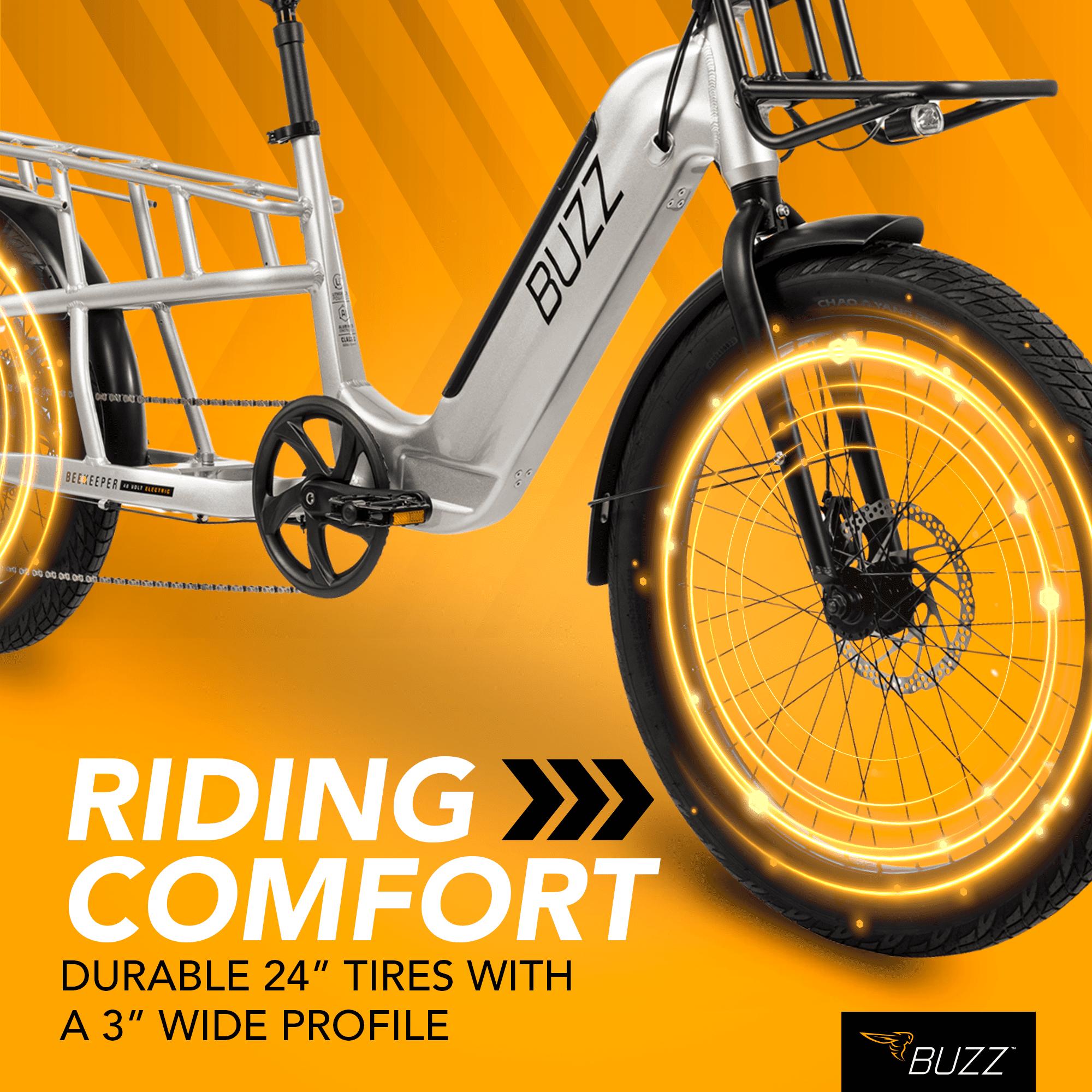 Buzz 24 Beekeeper 48V Electric Cargo Bike, Fits Riders 60+, Silver, Adult, Unisex Electric Bikes