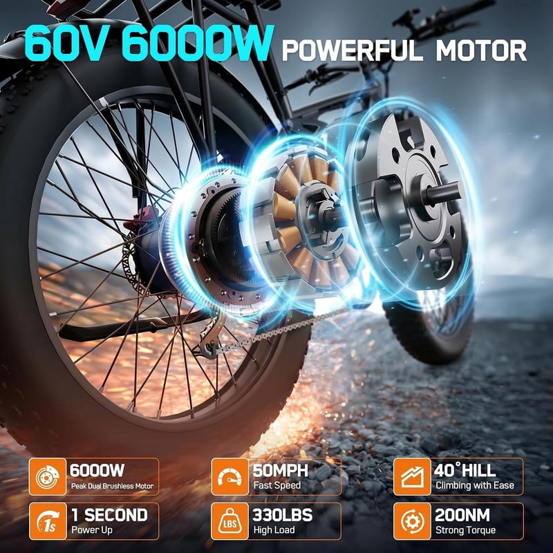 FENGQS 6000W Dual Motor Electric Bike for Adults, 24x4 Fat Tire, Up to 50mph 100 Mile, 60V/20Ah Battery, Full Suspension, For Off-Road Use Only (Gray Blue) Electric Bikes