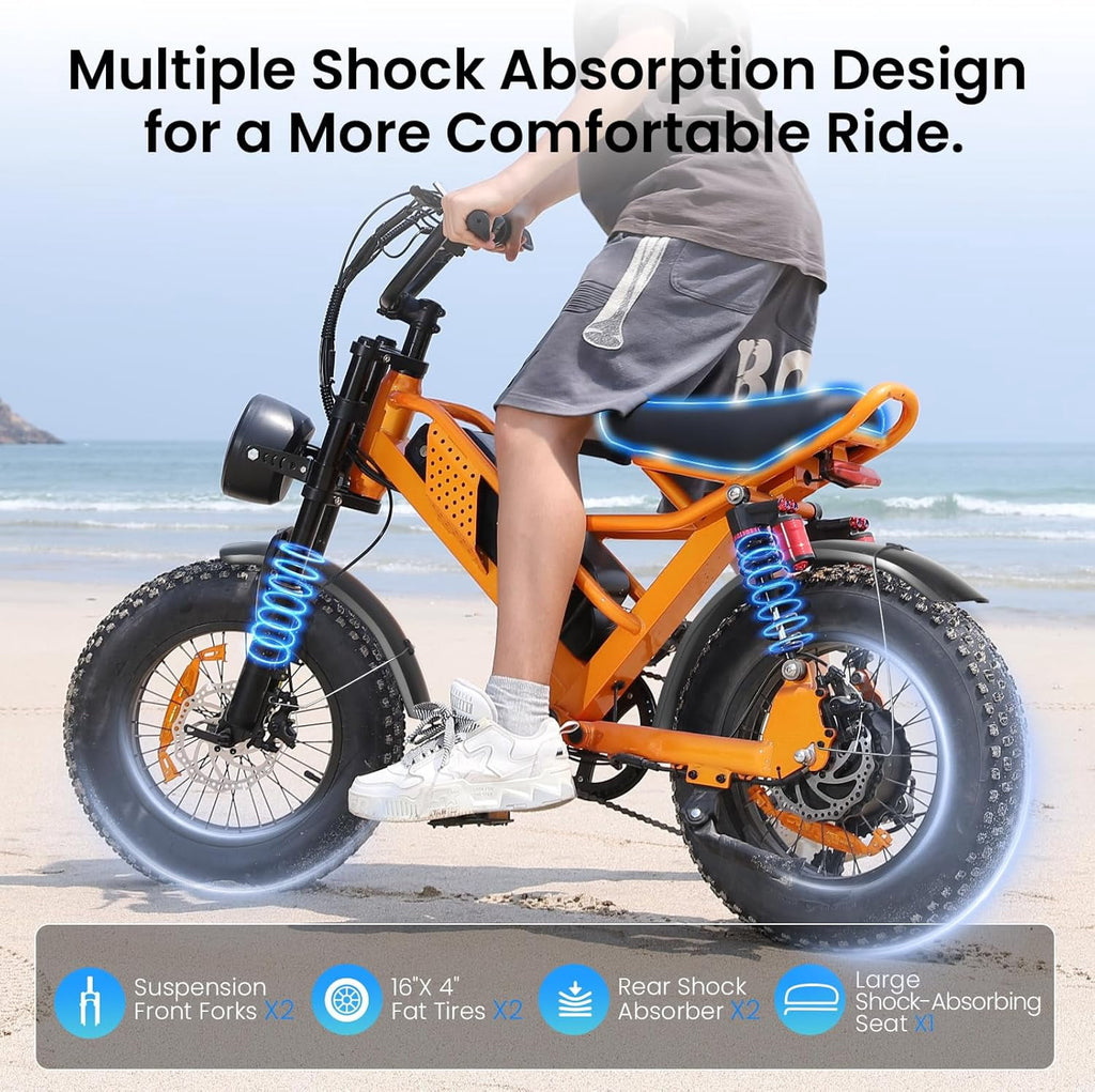 Eilleo Spacewalk M6 Electric Bike for Teens Adults, 16 Fat Tire Ebike with 1500W Peak Motor, 21.7 mph Max Speed, 48V 15Ah Removable Battery, 4X Suspension, UL2849 Electric Bikes