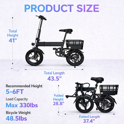 14 Foldable Commuter Electric Bike with Basket for Adults, 500W Peak Motor, 36V 12Ah Battery, 20 MPH, 35 Miles Range, Suitable for Commuting, Shopping, or Trip, UL 2849 Electric Bikes