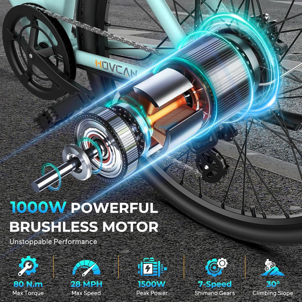 Movcan V80 1000W Electric Bike for Adults, 28MPH & 70 Miles Range, 26 City Cruiser Ebike with 48V 13Ah Removable Battery, 7-Speed Dual Disc Brake Mountain Commuter E-Bike Electric Bikes
