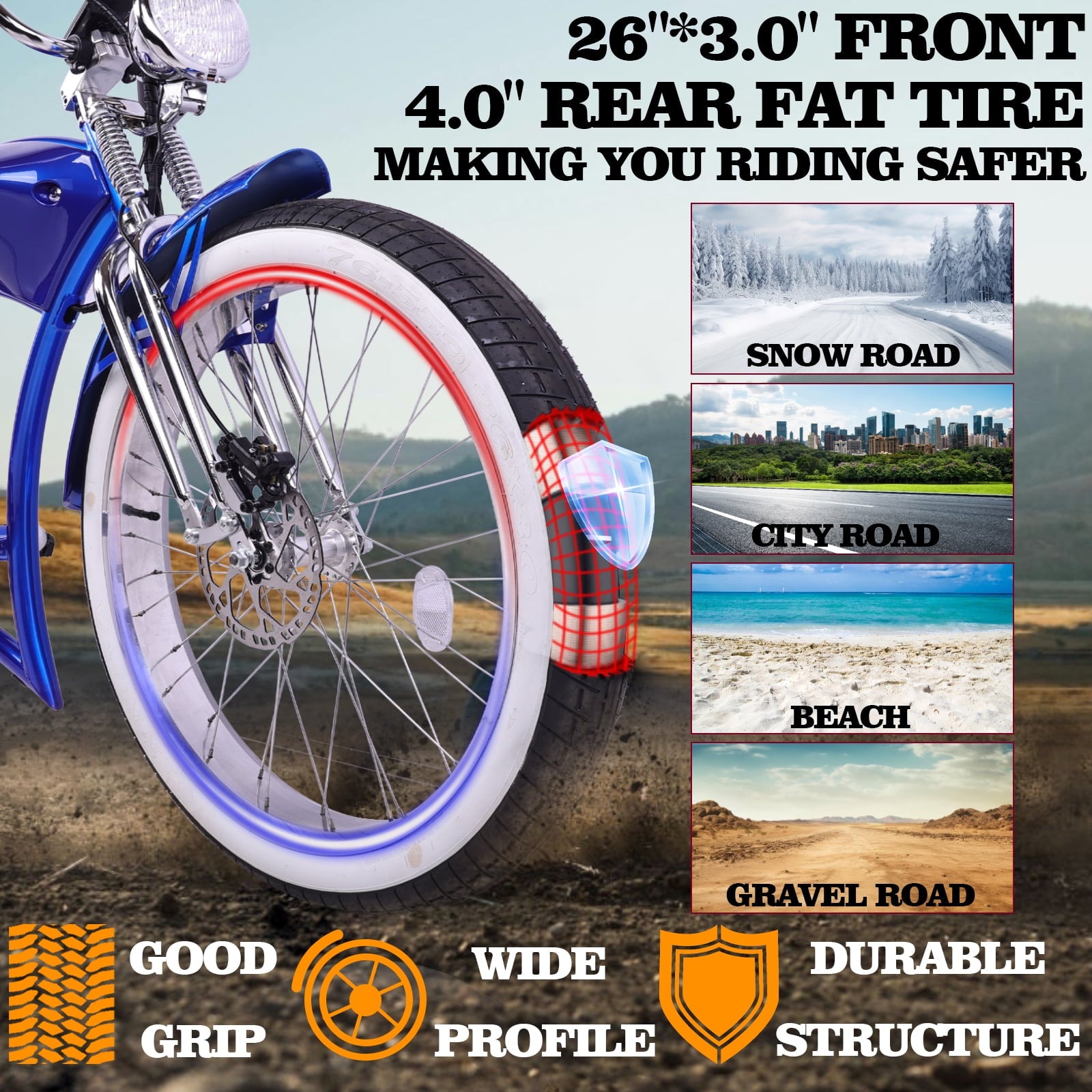 Tracer Twenty5 DS Cruiser E-bike, 26 Wheels, 800W Rear Motor, 48V/17.5Ah Battery, 5 PAS, Supsension Fork, Disc Brake, for Men, Blue Electric Bikes