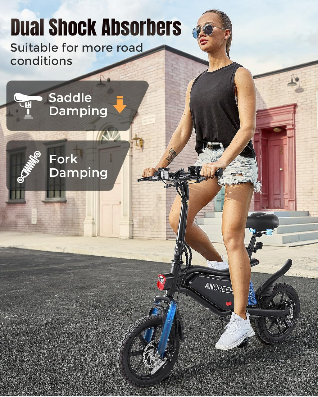 ANCHEER Peak 500W Electric Bike for Adults, Foldable Electric Bikes with 48V 374Wh Battery, 14 Electric Bicycle for Men Women, LCD Digital Display, Cruise Control Ebikes, Dual Suspension Fork UL2849 Electric Bikes