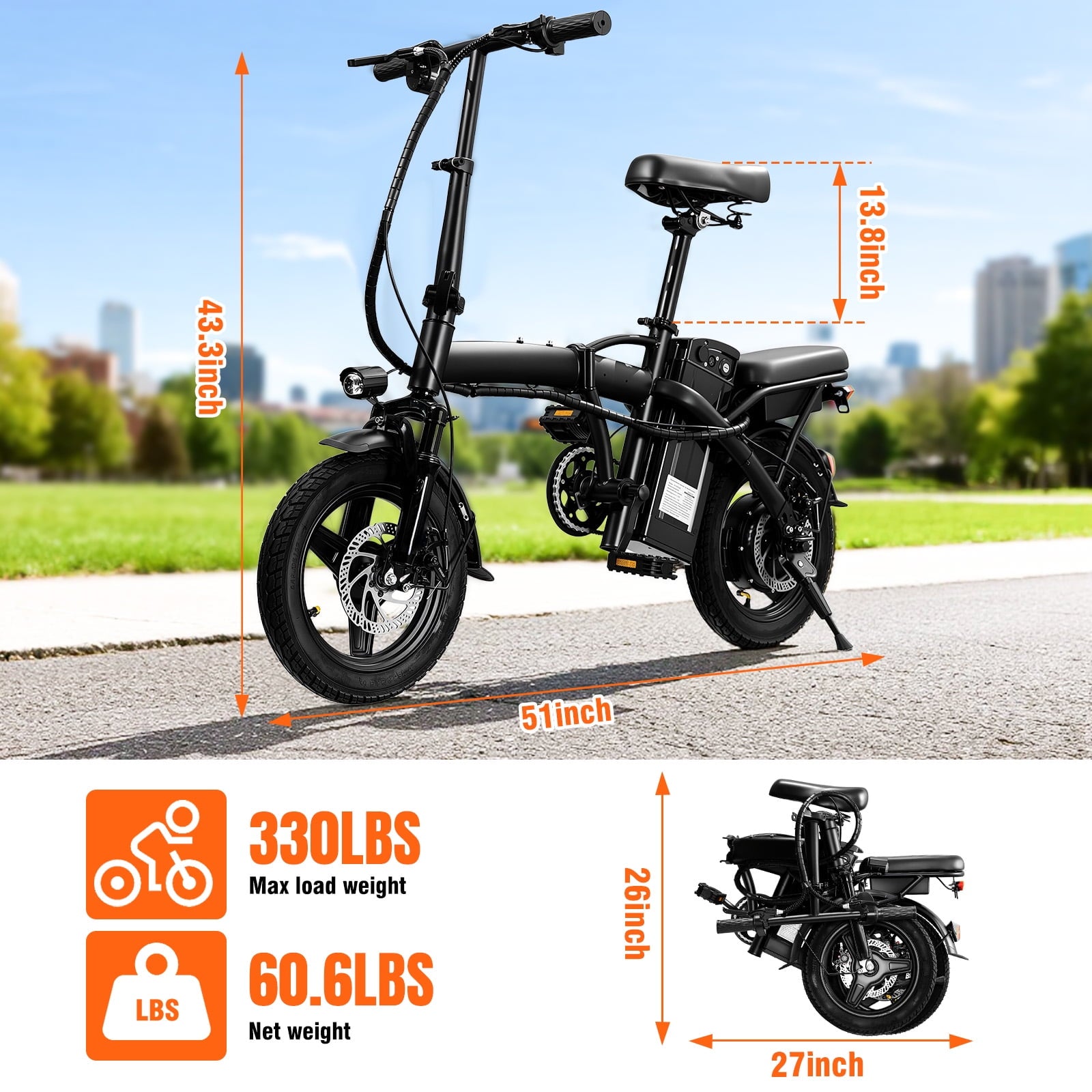 14 Inch Foldable Adult Electric Bicycle, 48V 10Ah 400W Motor, 3-Speed Gearing, Dual Spring Shock Absorbers, Front and Rear Led Safety Lights, Portable Design Electric Bikes