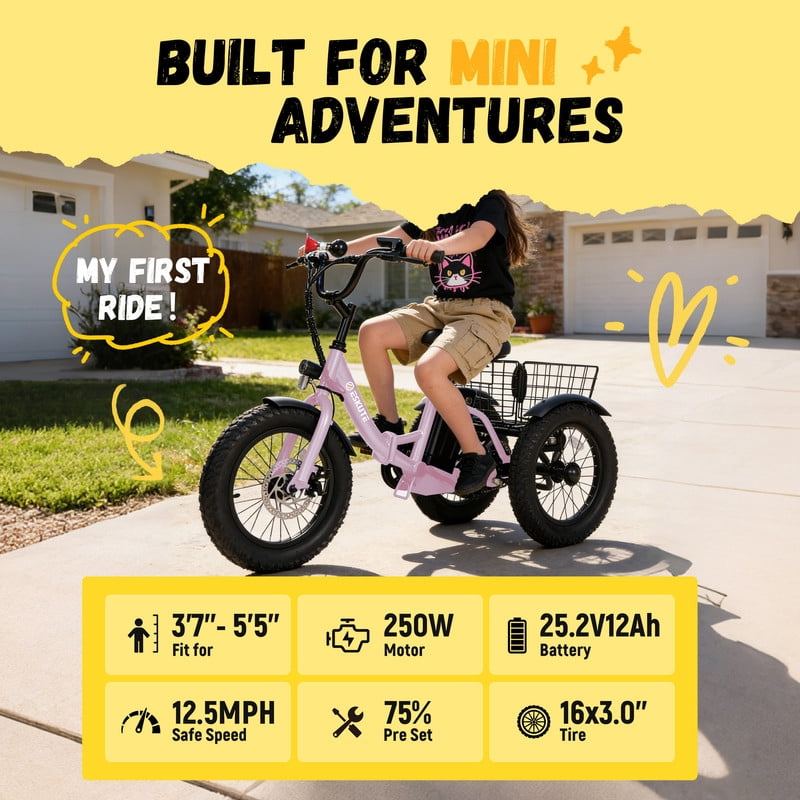 ESKUTE T300mini Electric Tricycle for Beginners, 16 x 3.0 Fat Tire Folding 3-Wheel E-Bike, 500W Peak Motor, 302Wh Battery, Step-Thru, 12.5 MPH, Pink, UL2849 Electric Bikes