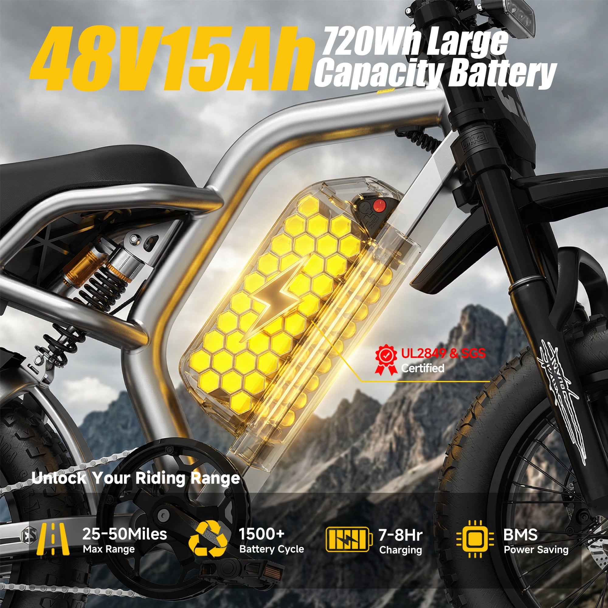 HiKeep Electric Bike for Teenagers, 750W 1500W Peak Dirt Bike, 48V 15Ah Battery Ebike, 25MPH E-Mountain Bike, 16x3.0 Fat Tire, UL2849 Electric Bikes