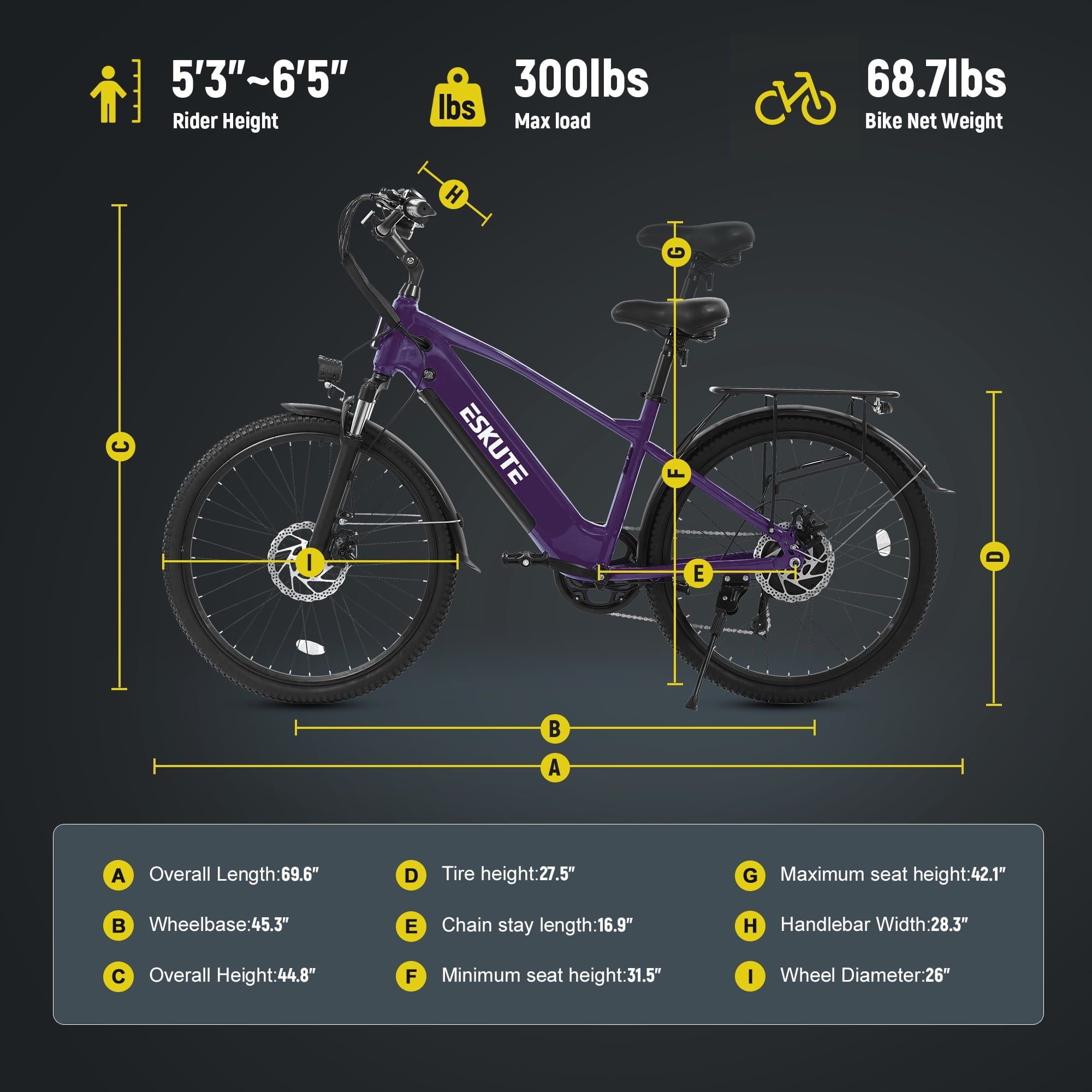Adult Electric Bike – 70-Mile Range, 1300W Peak Motor, 28MPH, 840Wh Removable Battery, 26 Tires, 7-Speed Adjustable Stem, Step-Over Ebike, Purple Electric Bikes
