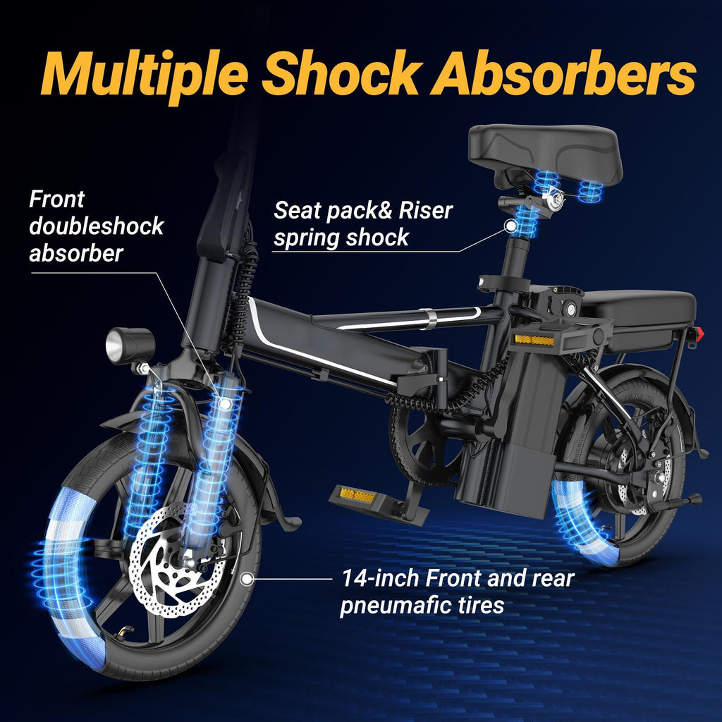 Foldable Electric Bike for Adults and Teens,14 Inch Tire 500W Rear Wheel Drive Motor with 48V 10.4Ah Removable Lithium Battery Two Seats UL2849 Electric Bikes
