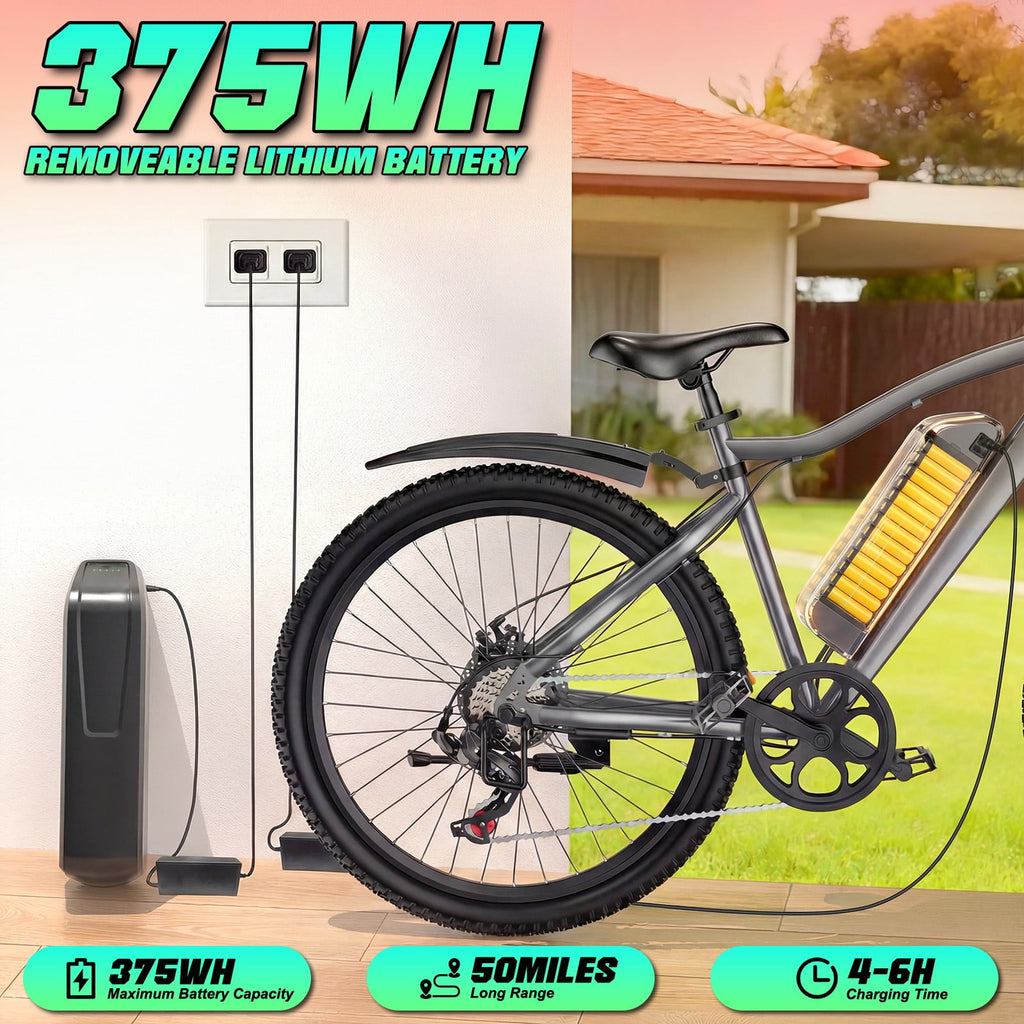 Terrosor 720W Peak Electric Bike, 48V 10.4Ah, 25MPH, 50Miles Range, 26''x2.12'' Tire Mountain Ebike,7 Speeds, Removable Battery,Adult Electric Bicycle, UL2849 Electric Bikes