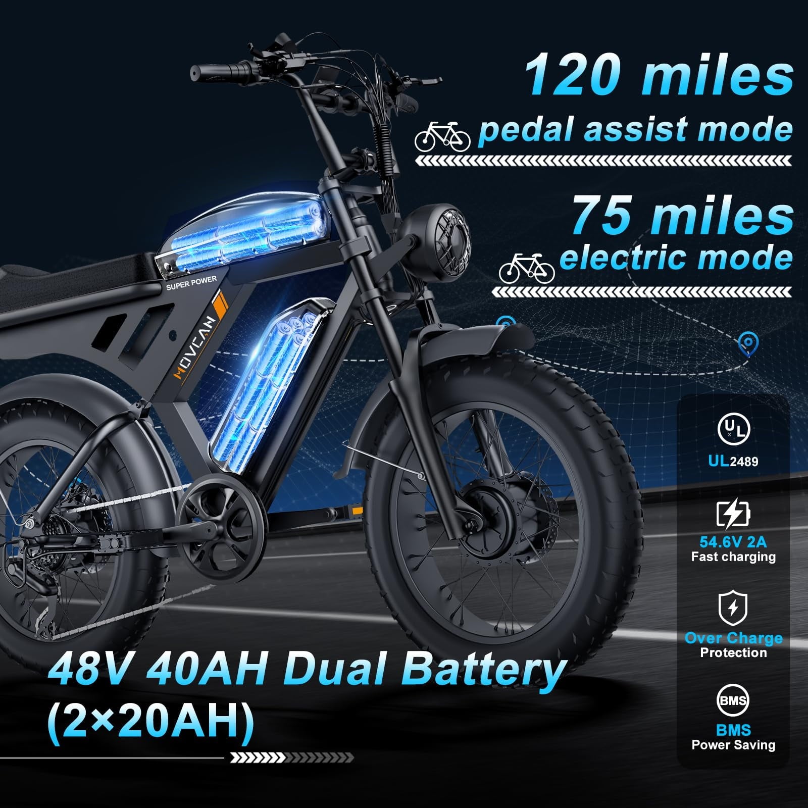 MOVCAN V30PROMAX Electric Bike for Adults, 3000W Dual Motor 37.5MPH, 48V 40Ah Dual Battery 120 Miles, 20x4 Fat Tire Full Suspension E-Mountain Bike, APP Control, UL2849 Electric Bikes