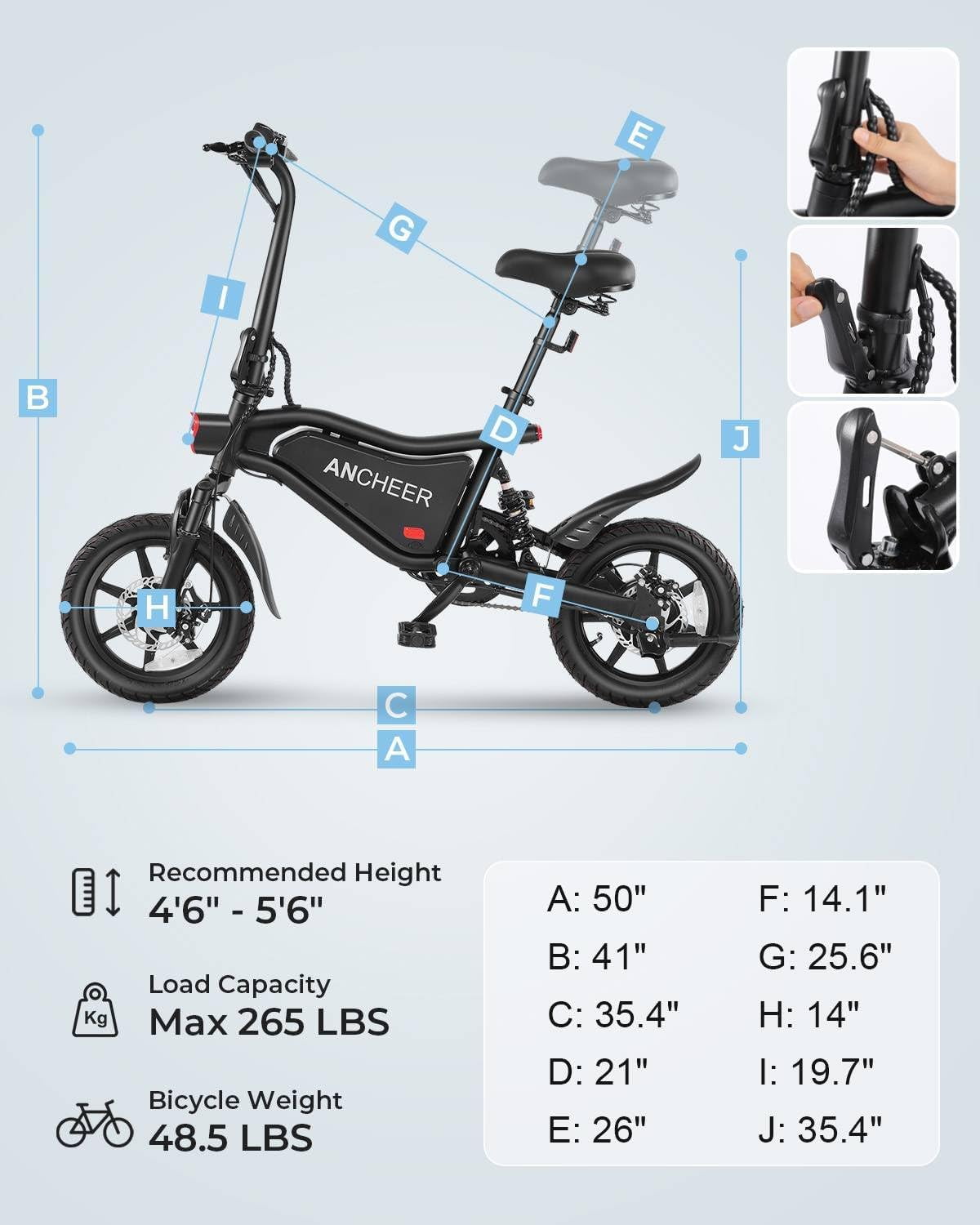 ANCHEER Peak 500W Electric Bike for Adults, Foldable Electric Bikes with 48V 374Wh Battery, 14 Electric Bicycle for Men Women, LCD Digital Display, Cruise Control Ebikes, Dual Suspension Fork UL2849 Electric Bikes