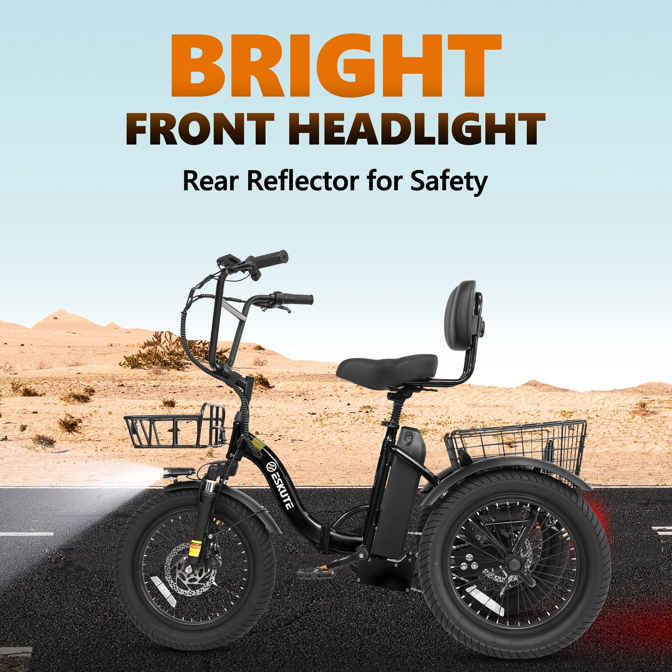 ESKUTE Adult Electric Tricycle, Folding Step-Thru E-Trike with Removable Battery, 18 x 3.0 Fat Tires, Long Range 3-Wheel Electric Bicycle for Daily Riding UL2849, Black Electric Bikes