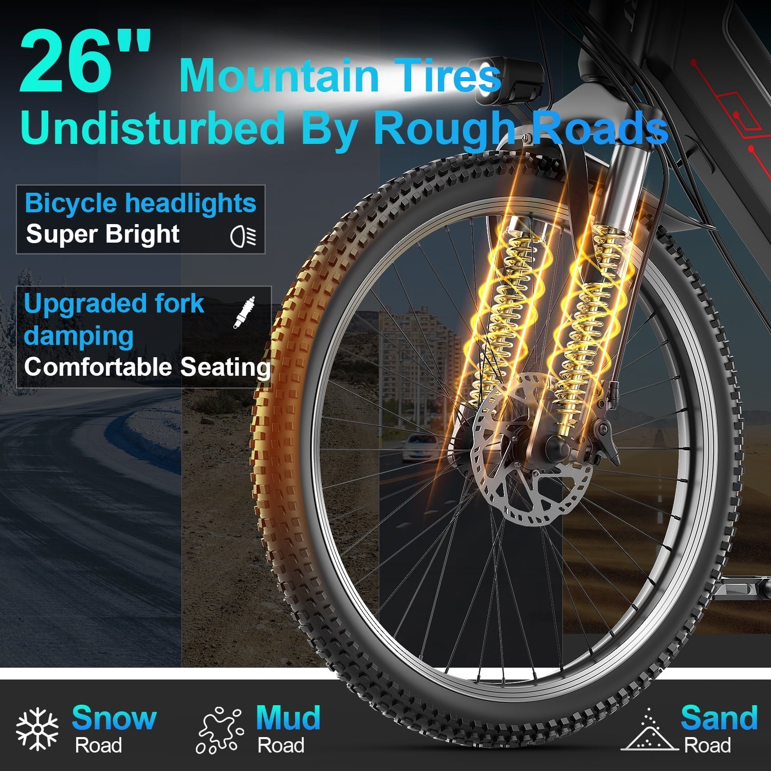 F26-1500W Off-Road Electric Bike, 26 Tire 55 Miles Electric Bike ,48V 10.5 Internal Battery (Removable), Top Speed 30MPH, Electric Mountain Bike Beach Bike, Professional 7 Speed UL2849 Electric Bikes