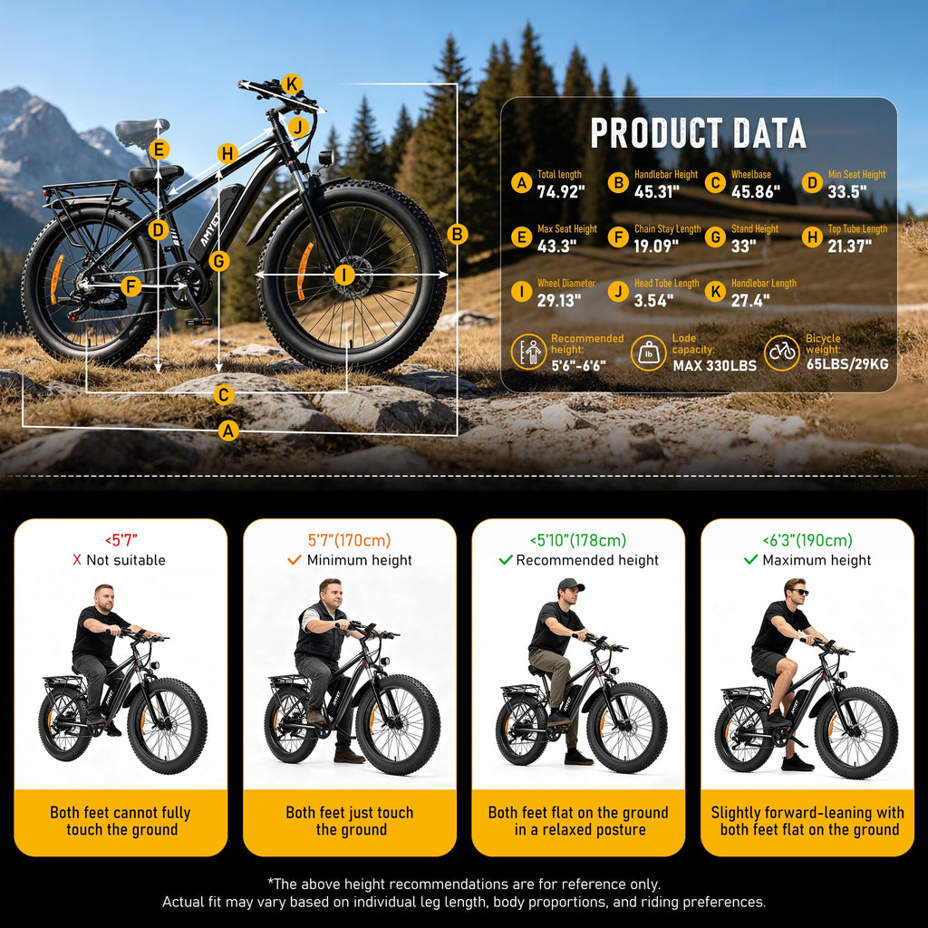 AMYET EB26 Electric Bike for Adults, Peak 1500W 48V 15Ah, 26 Fat Tire Ebike, E-Mountain Bicycle, UL2849 Electric Bikes