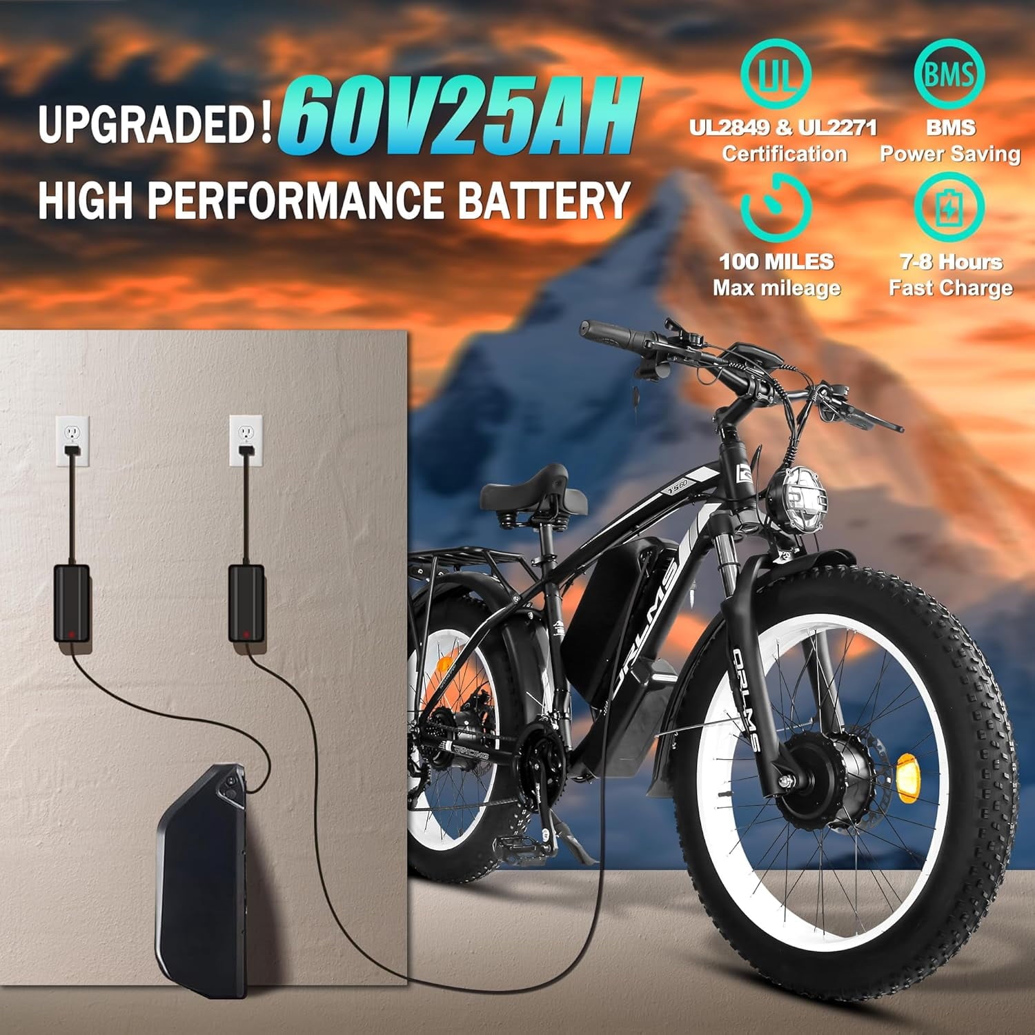 6000W Peak Dual Motor Fast Ebike Up to 40-45MPH, 60V 25AH Large Battery Adult Electric Mountain Bike, 26 Inch Fat Tire All Terrain Off Road E Bike with Shimano 21 Speed Hydraulic Disc Brake Electric Bikes