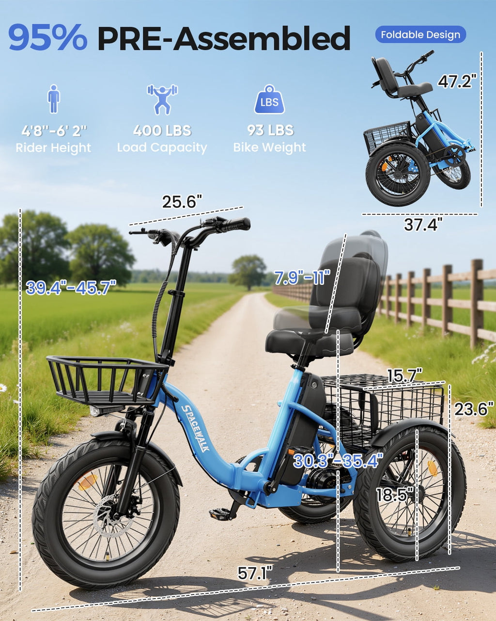 SPACEWALK Adult 3 Wheel Electric Tricycle, 18×3.0 Fat Tires, 48V 15AH battery 700W Peak Motor Up to 60 Miles Range, 18 MPH Adjustable Backrest Electric Bikes Electric Bikes