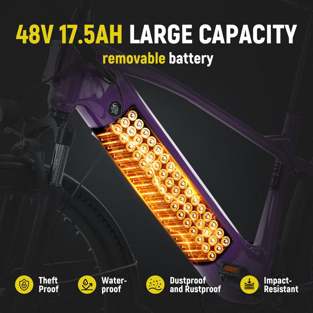 Adult Electric Bike – 70-Mile Range, 1300W Peak Motor, 28MPH, 840Wh Removable Battery, 26 Tires, 7-Speed Adjustable Stem, Step-Over Ebike, Purple Electric Bikes