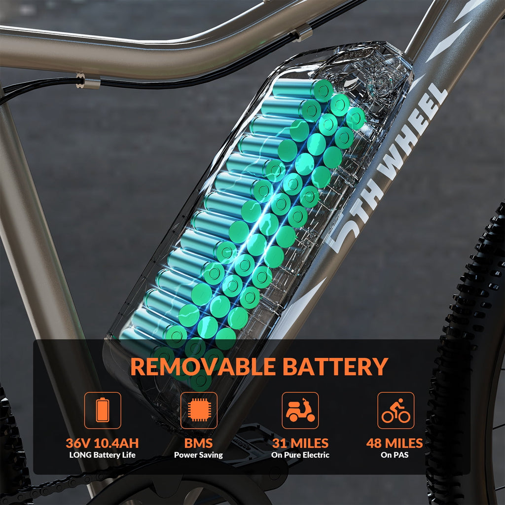 5TH WHEEL WLB17 26 Electric Bike for Adult, 500W Peak Electric Bike with 36V 10.4Ah Removable Battery, Electric Bicycle with 7 Speed, UL2849 Electric Bikes