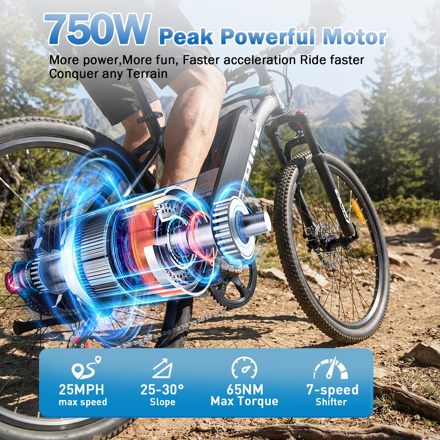 XKJ Electric Bike for Adults, 26”Electric Mountain Bike 576Wh Internal Battery & LCD Display,750W (Peak) Motor,7-Speed, Lightweight Ebike for Teens,40 Miles, Full Suspension,UL2849 Electric Bikes