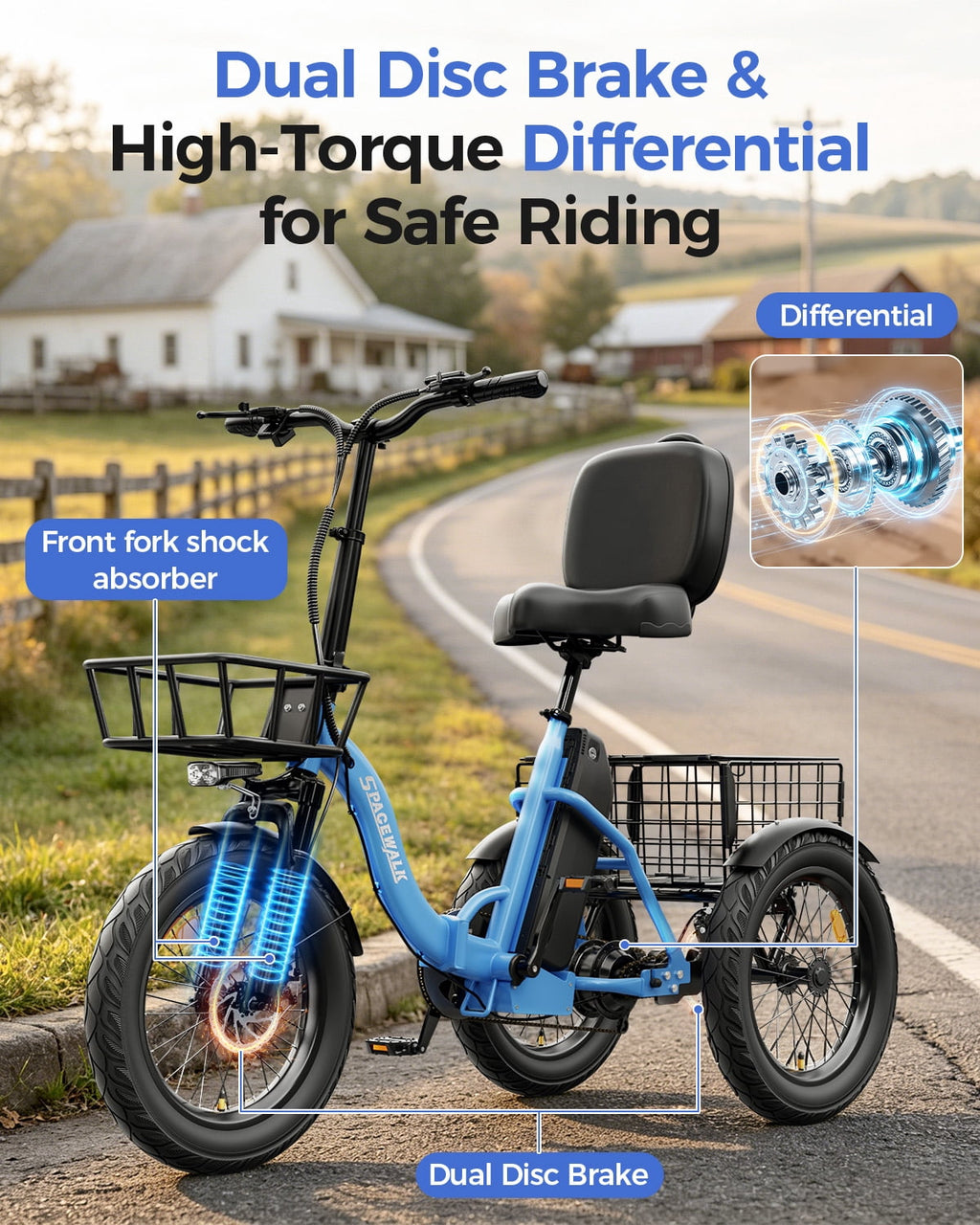 SPACEWALK Adult 3 Wheel Electric Tricycle, 18×3.0 Fat Tires, 48V 15AH battery 700W Peak Motor Up to 60 Miles Range, 18 MPH Adjustable Backrest Electric Bikes Electric Bikes