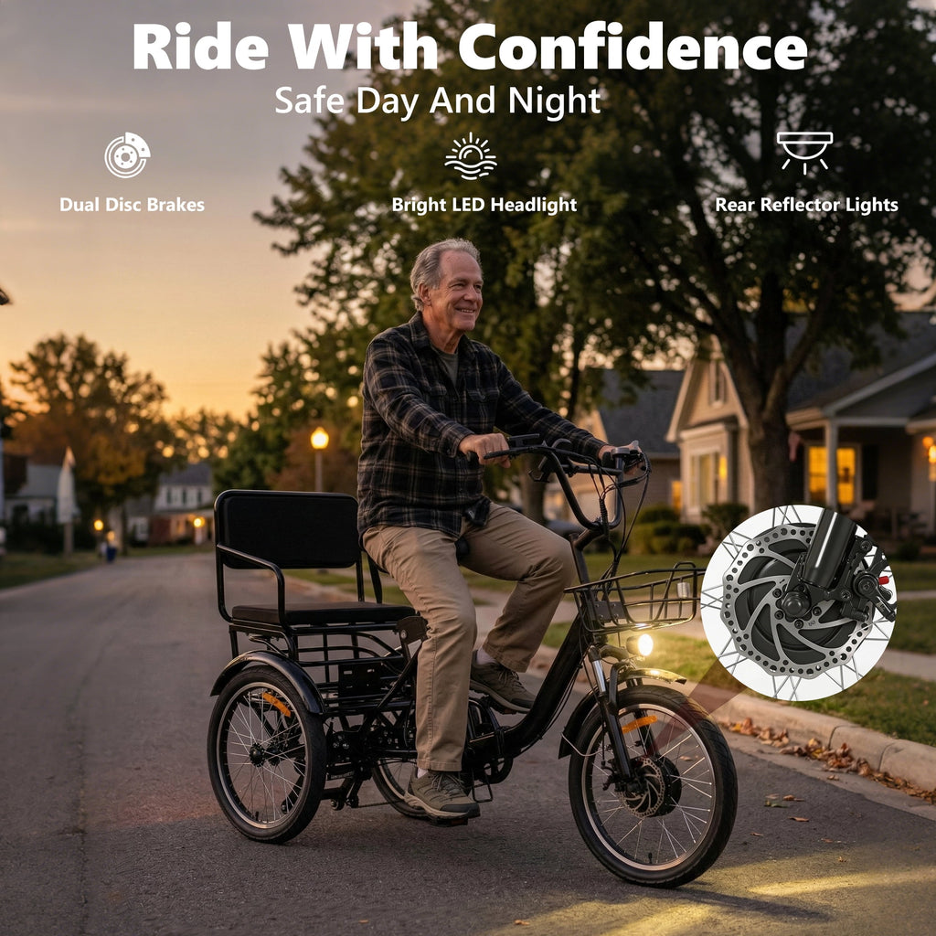 2-Seater Electric Tricycle for Adults Folding Electric Trike 3 Wheel Electric Trike with Two-Seater Large Basket Super Powerful Brushless 48V15AH Lithium Battery Max 20MPH E-Tricycle Black Electric Bikes