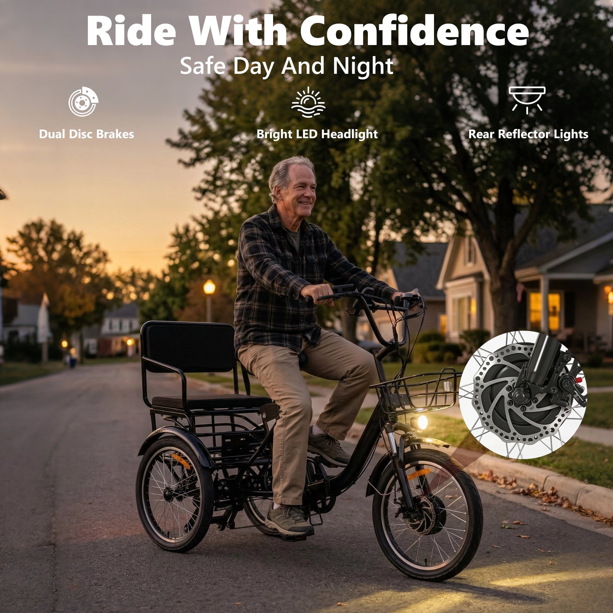 2-Seater Electric Tricycle for Adults Folding Electric Trike 3 Wheel Electric Trike with Two-Seater Large Basket Super Powerful Brushless 48V15AH Lithium Battery Max 20MPH E-Tricycle Black Electric Bikes