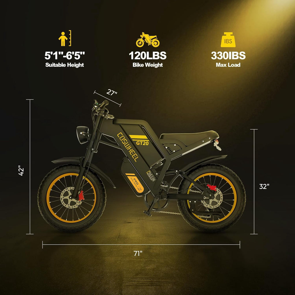 Coswheel GT20 Pro 4000W Electric Dirt Bike for Adults,40 MPH 48V 40Ah Battery Up to 145 Miles, 20 x 4 Fat Tire Full Suspension, Dual Hydraulic Disc Brake E-Bike UL2849 Electric Bikes