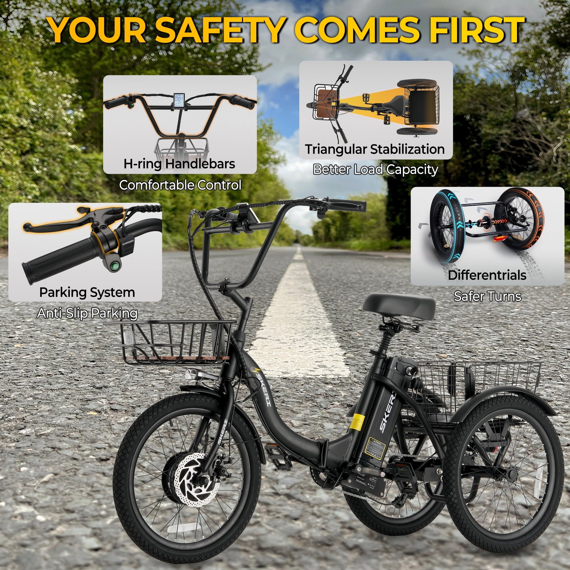 Electric Scooter Tricycle for Adults, 20” Folding Electric Trike,3 Wheels Electric Bicycle Bikes, Peak 1000W Step-Thru Etrike with 36V 13Ah UL2849  Removable Battery and Large Basket for Women Men Electric Bikes