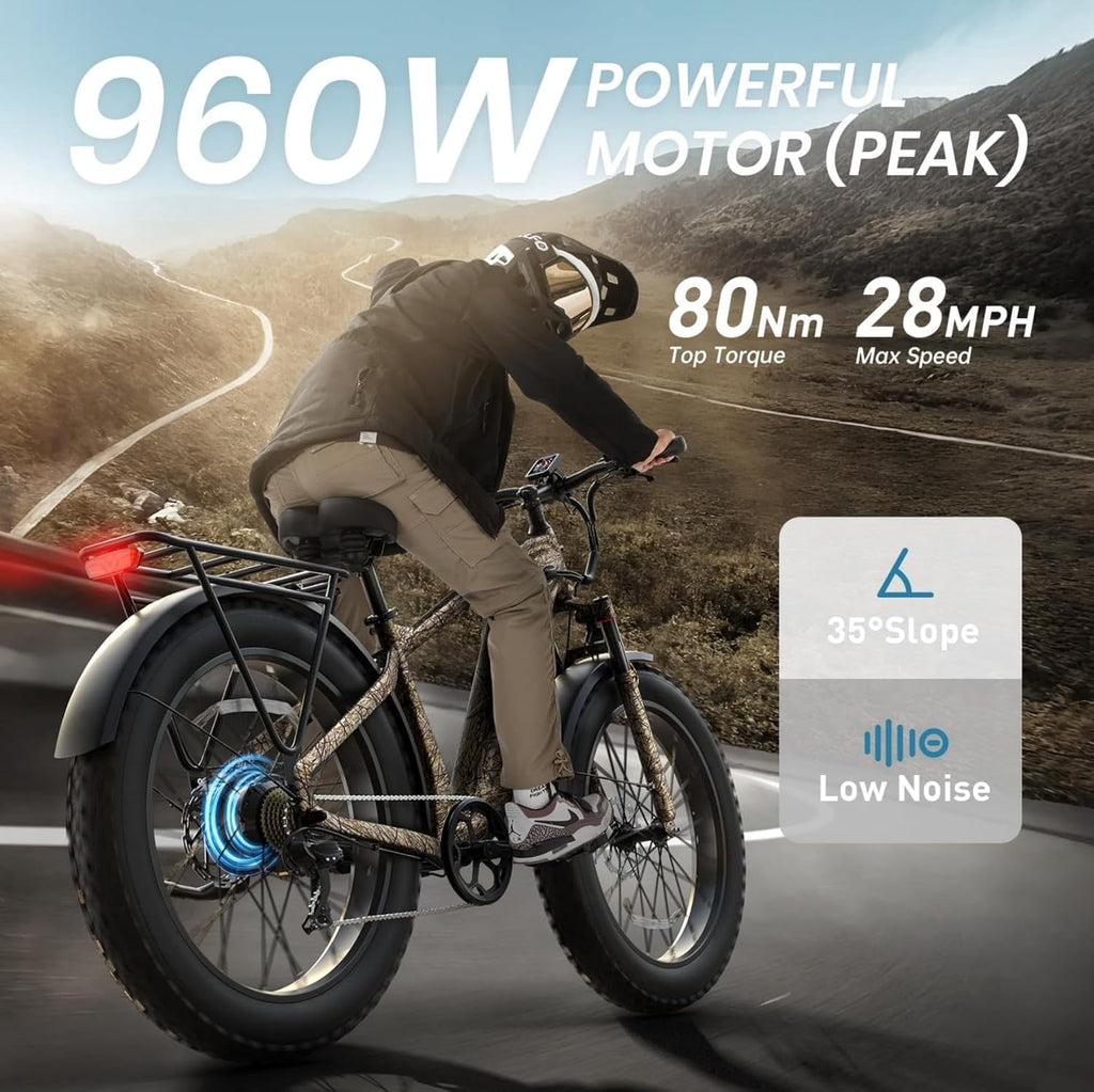 PUCKIPUPPY Electric Bike for Adults 28mph Top Speed 60Miles Max Range 960W Peak 26 Fat Tire Electric Mountain Bike 48V 15AH Removable Battery Ebike 7 Speed off Road E Bike, Comply with UL2849 By SGS Electric Bikes