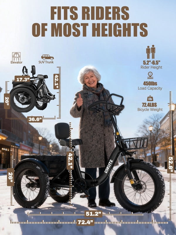 ESKUTE T300 Pro Electric Tricycle for Adults, E Trike, 998.4Wh Battery, 20 x 4.0 Fat Tires, Foldable 3 Wheel Electric Bike, Stable Ride for Seniors & Parents Black, UL2849 Electric Bikes
