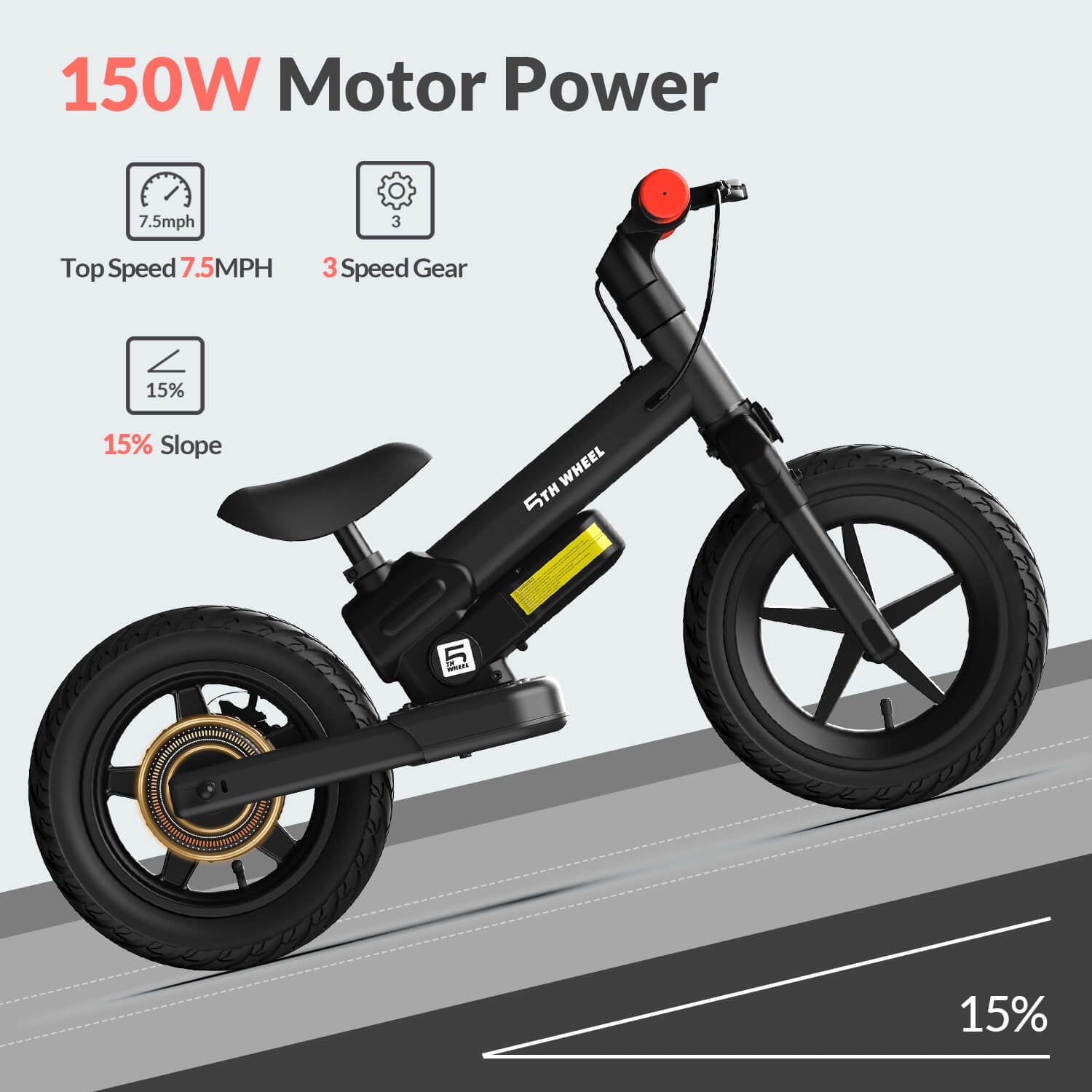 5TH WHEEL KB09 Electric Bike for Kids, 150W Electric Balance Bike Ages 3-8 Years Old, 12 Pneumatic Tire with Dual Brake, 3 Speed Modes Kid Electric Motorcycle Electric Bikes
